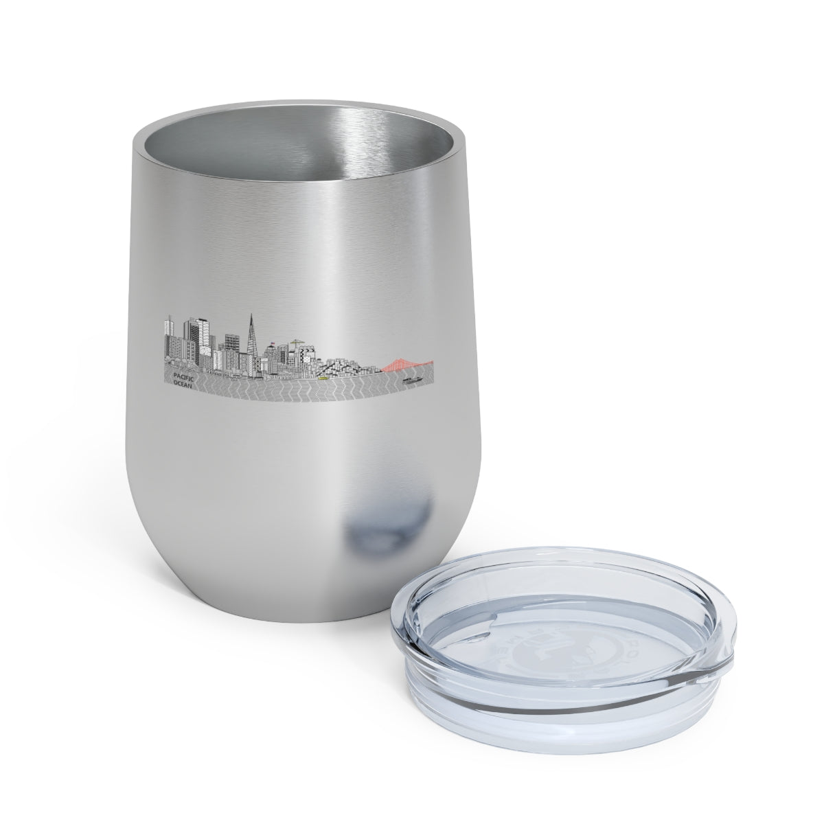 Pacific Ocean 12oz Insulated Wine Tumbler with clear lid, showcasing a stylish design and double-wall insulation for hot and cold beverages.