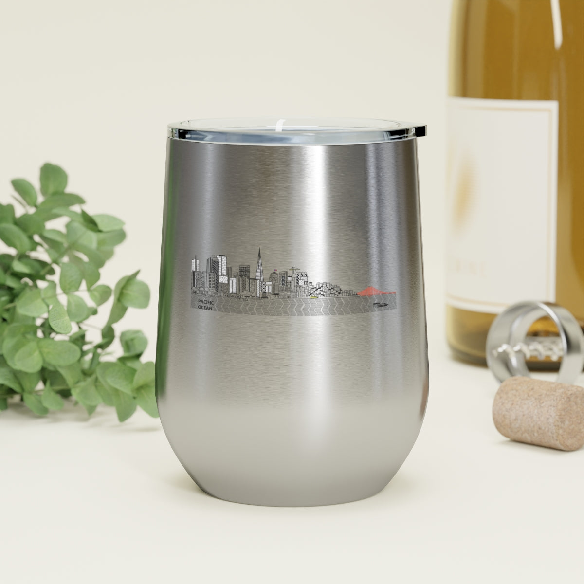 Pacific Ocean 12oz Insulated Wine Tumbler with clear lid, showcasing a stylish design and double-wall insulation for hot and cold beverages.