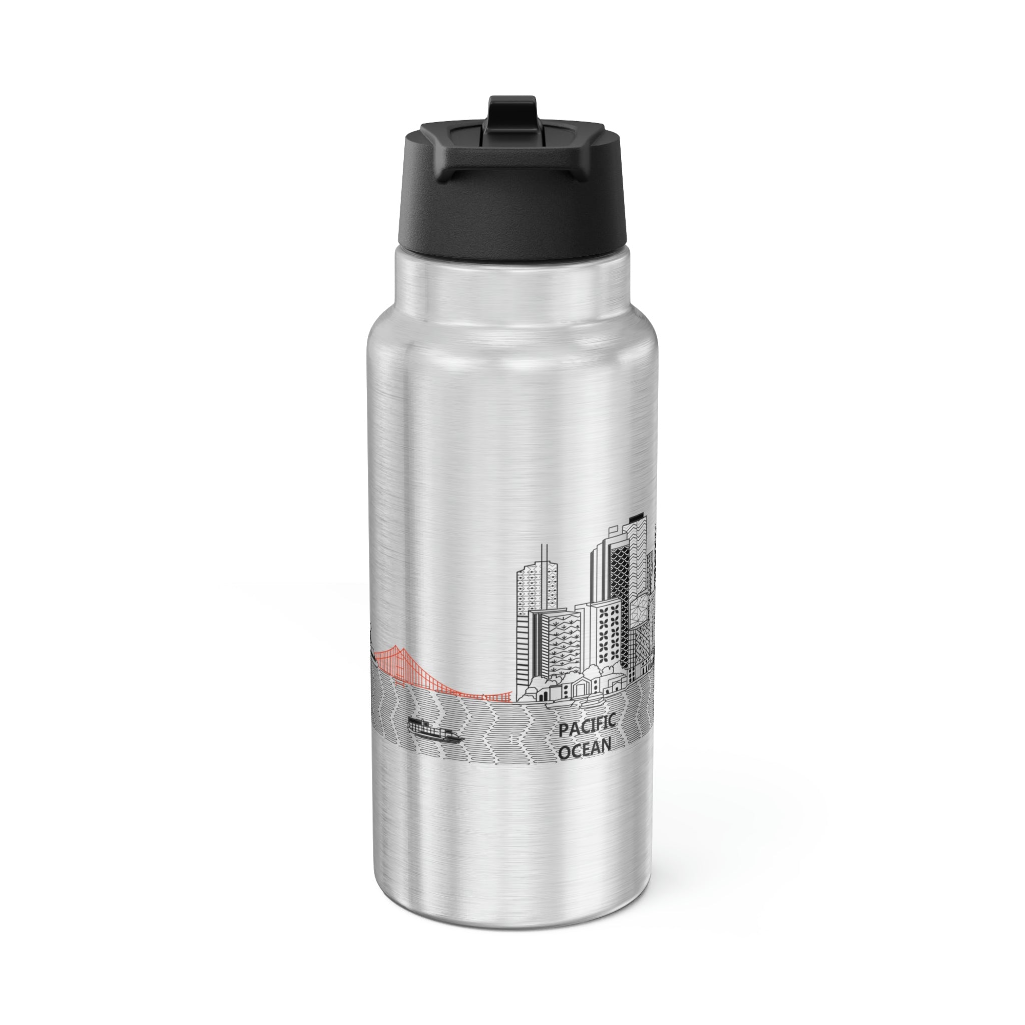 Pacific Ocean Gator Tumbler in stainless steel with a black cap and straw, showcasing its 32oz capacity and sleek design.