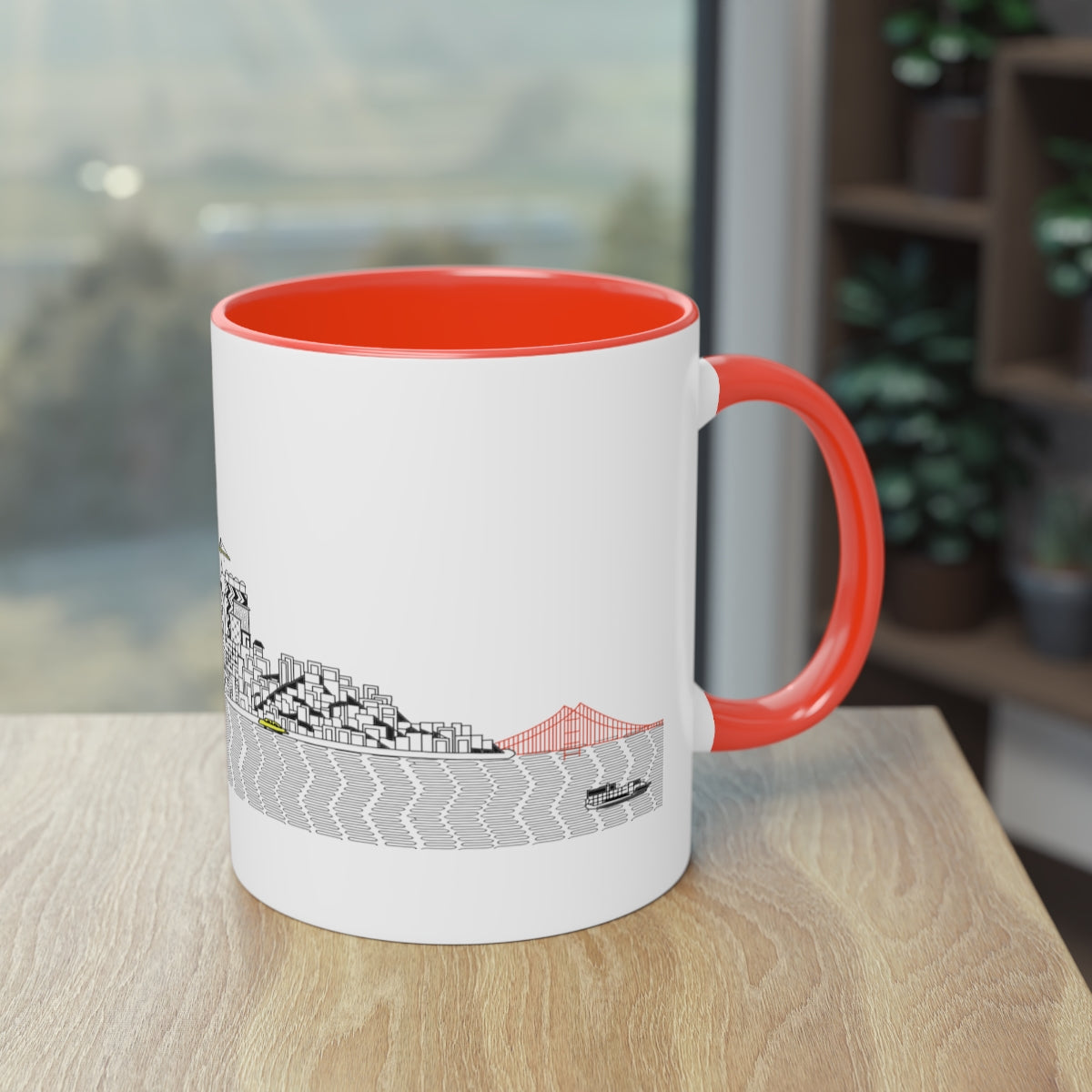 Pacific Ocean Two-Tone Coffee Mug with colorful interior and handle, featuring a glossy finish and easy-grip C-shaped handle.