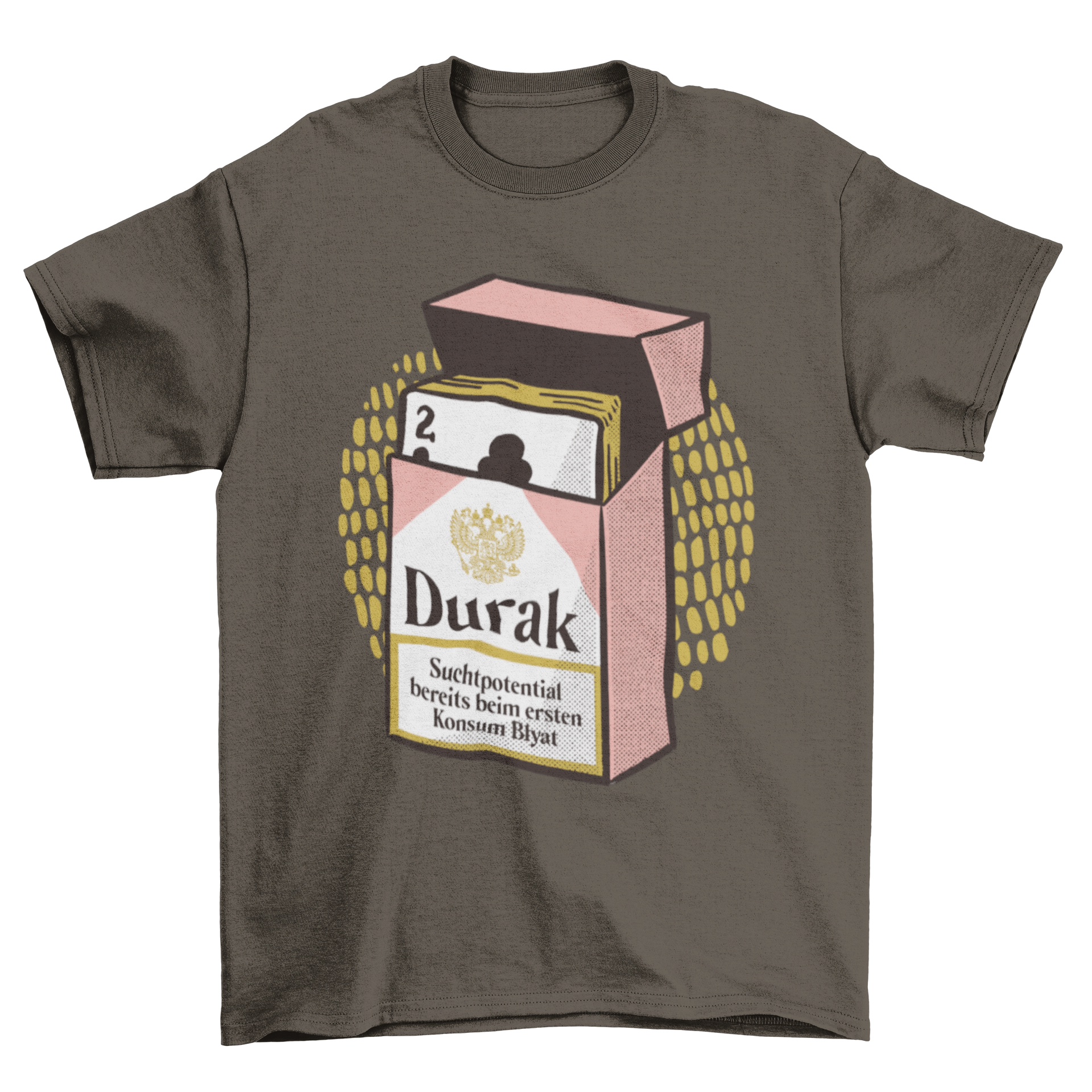 Pack of Russian cards t-shirt featuring a cigarette pack filled with poker cards and the word 'Durak' in a stylish design.