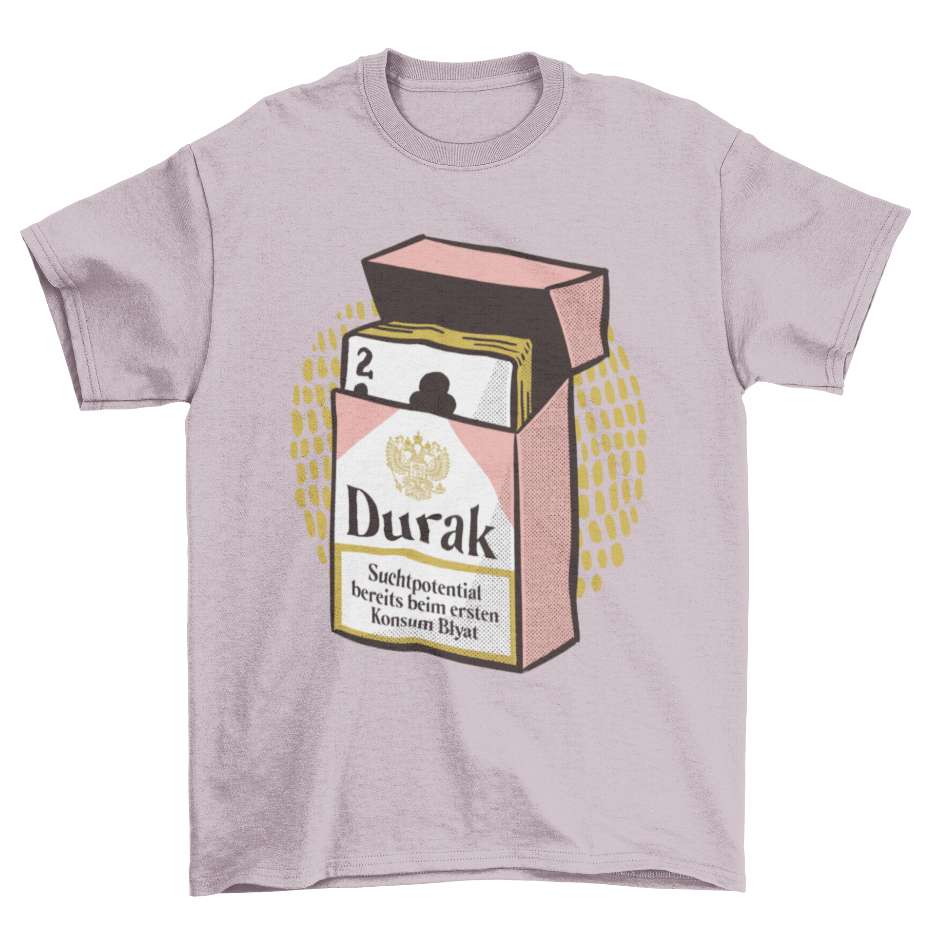 Pack of Russian cards t-shirt featuring a cigarette pack filled with poker cards and the word 'Durak' in a stylish design.