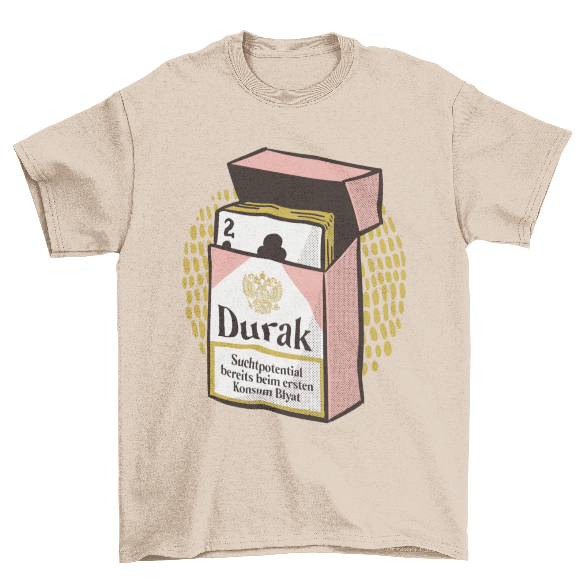 Pack of Russian cards t-shirt featuring a cigarette pack filled with poker cards and the word 'Durak' in a stylish design.