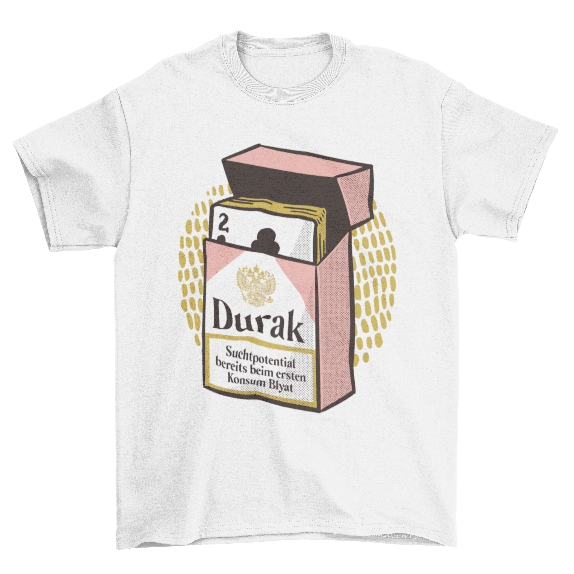 Pack of Russian cards t-shirt featuring a cigarette pack filled with poker cards and the word 'Durak' in a stylish design.