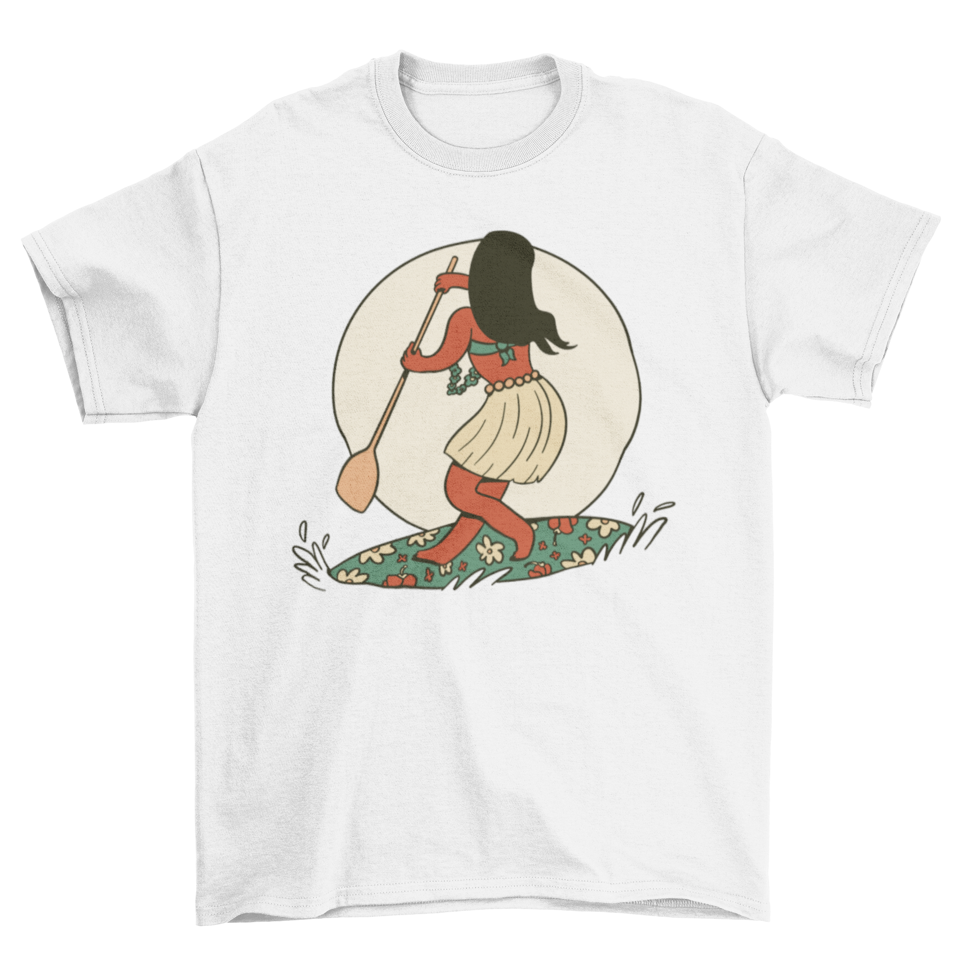 A vibrant t-shirt design featuring a girl paddleboarding on a floral board, showcasing a fun and adventurous spirit.