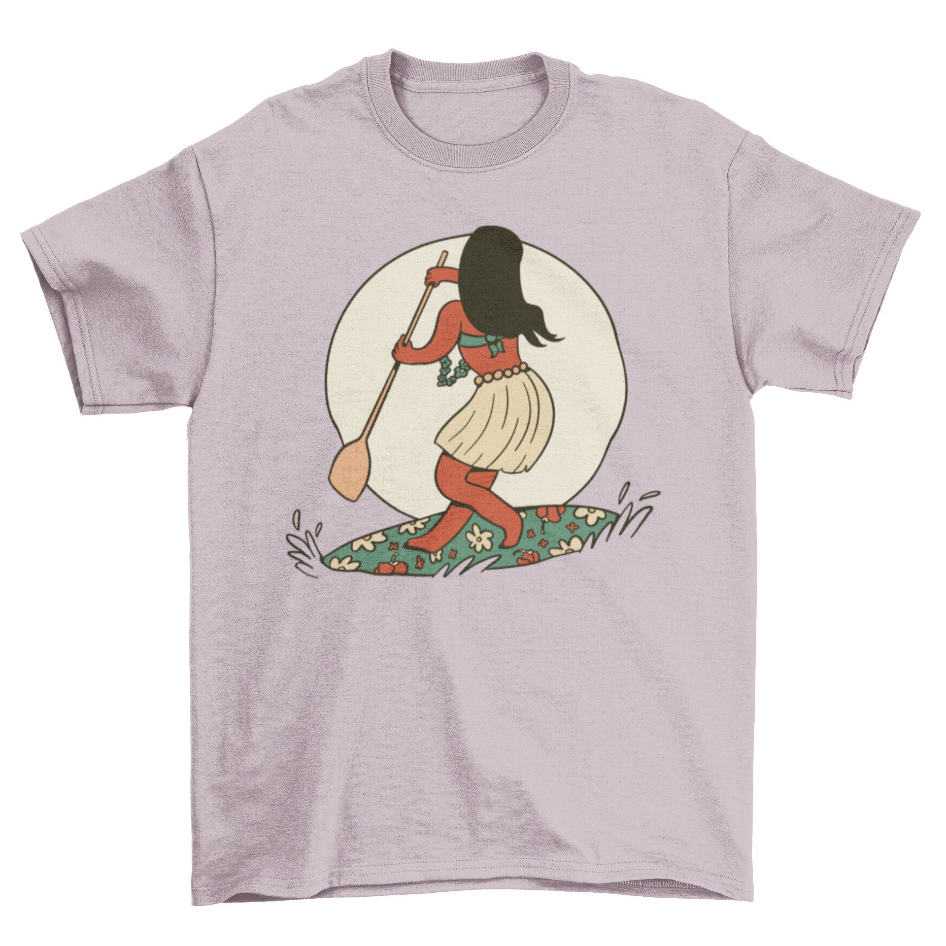 A vibrant t-shirt design featuring a girl paddleboarding on a floral board, showcasing a fun and adventurous spirit.