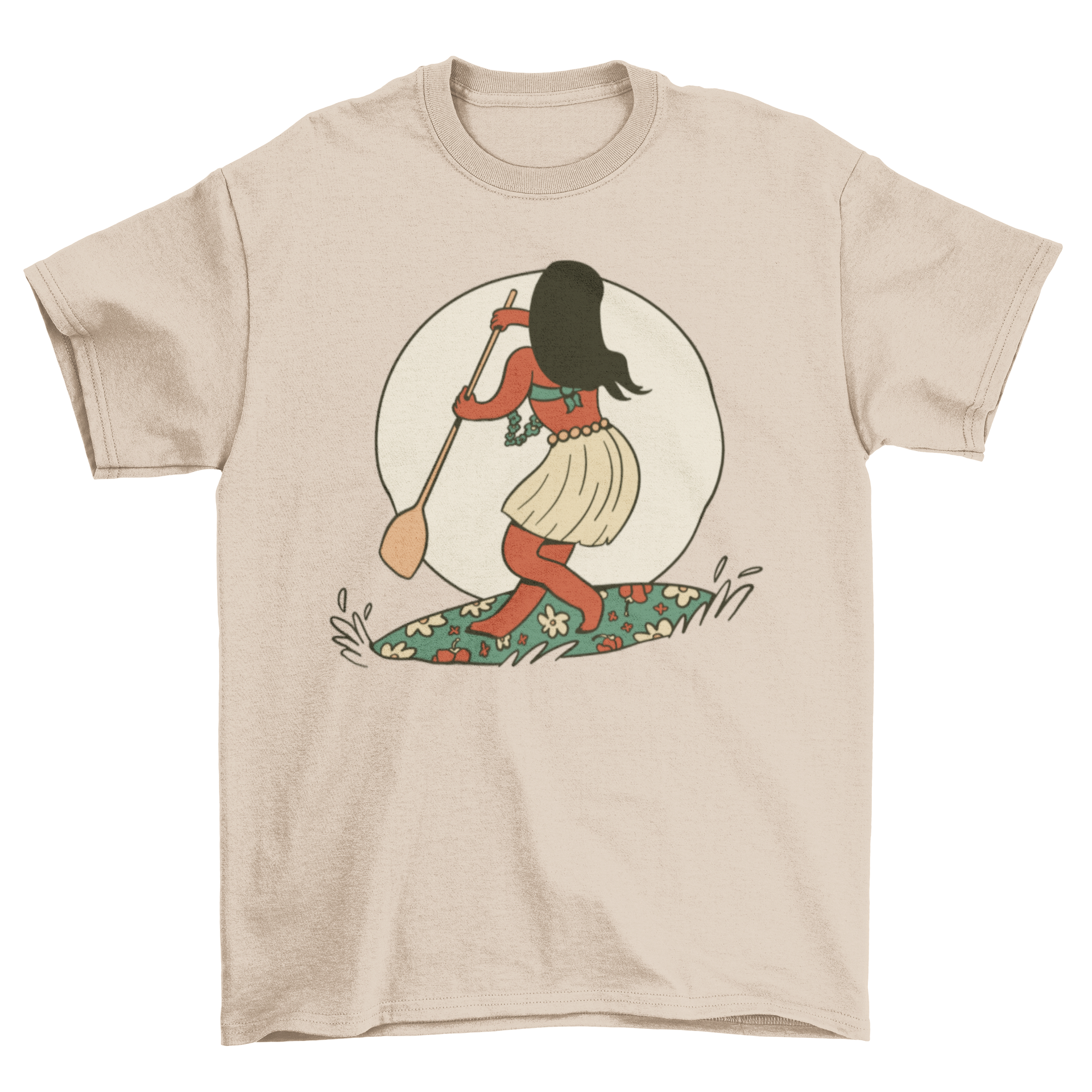 A vibrant t-shirt design featuring a girl paddleboarding on a floral board, showcasing a fun and adventurous spirit.