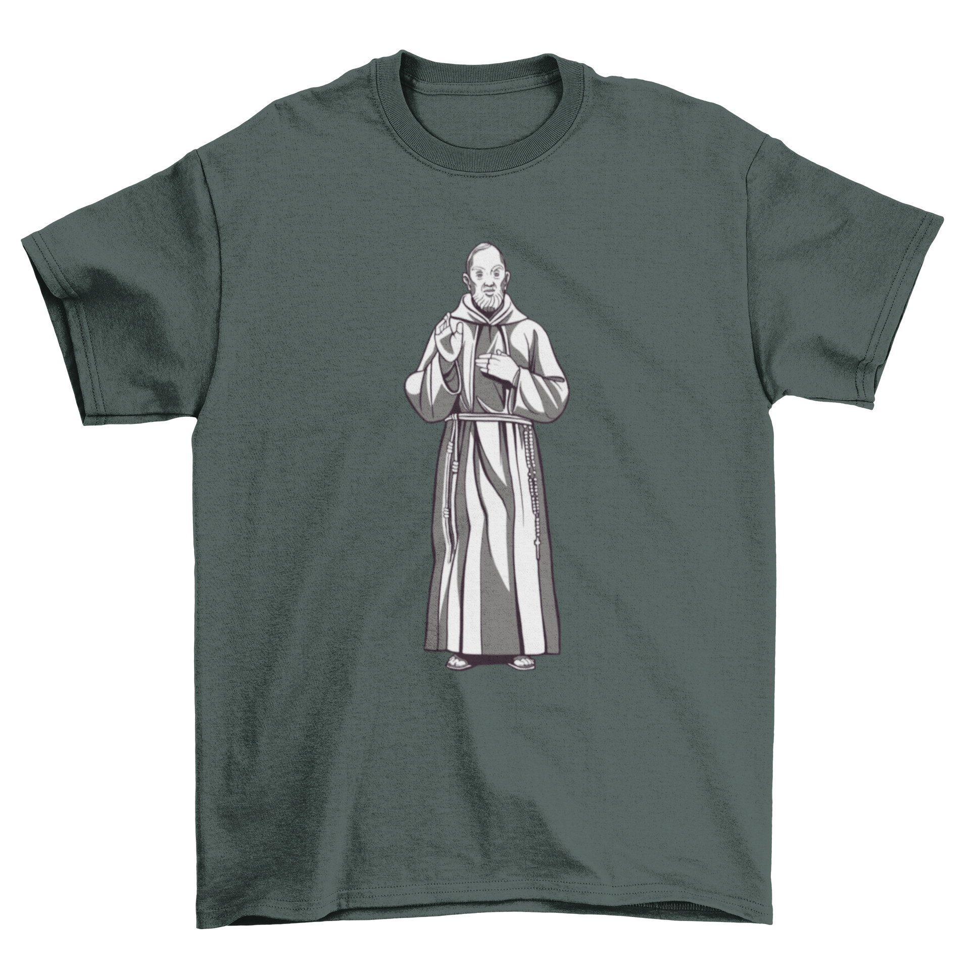 A stylish t-shirt featuring an illustration of the Padre Pio statue, showcasing devotion and faith.