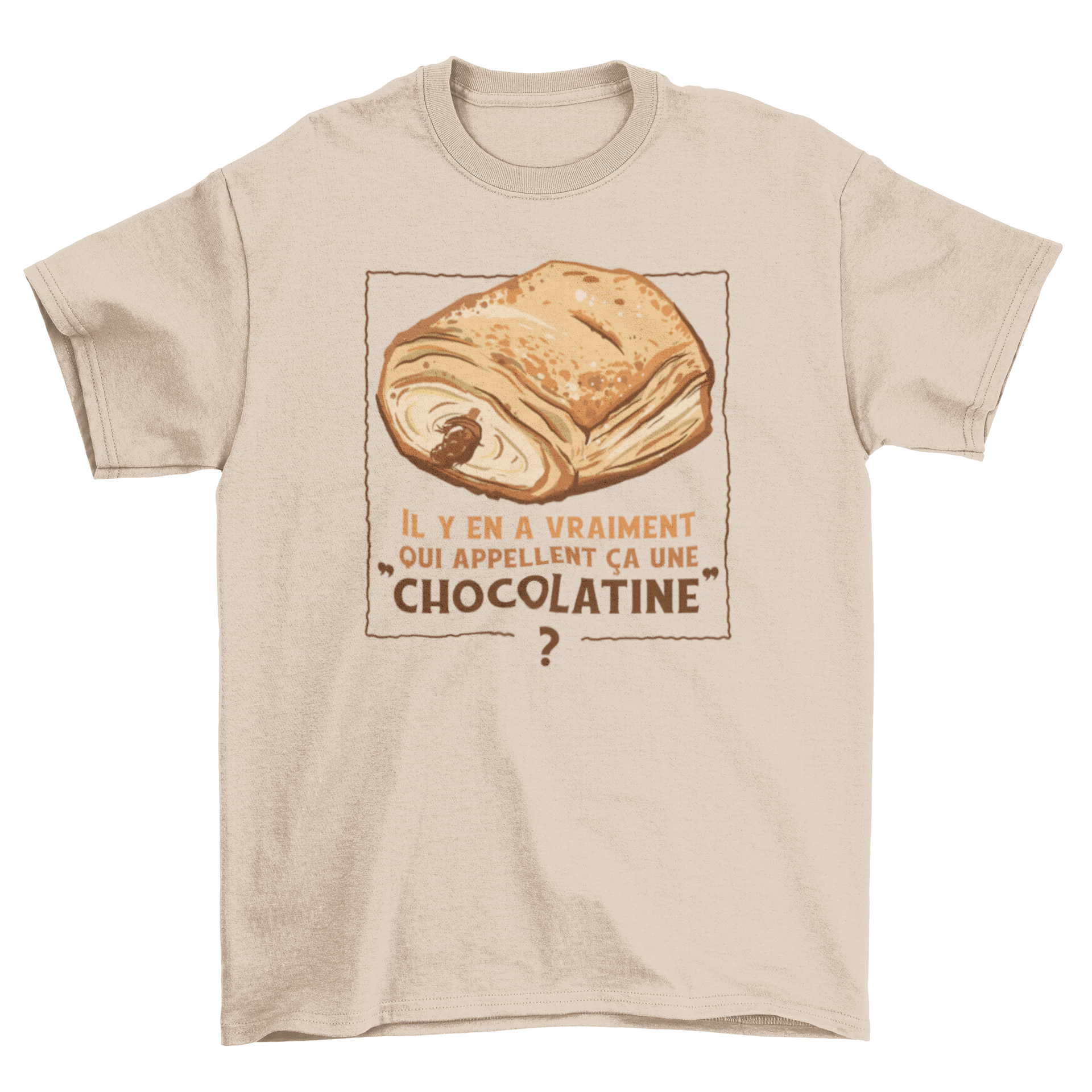 A stylish t-shirt featuring a pain au chocolat design and a humorous French quote about chocolatine.