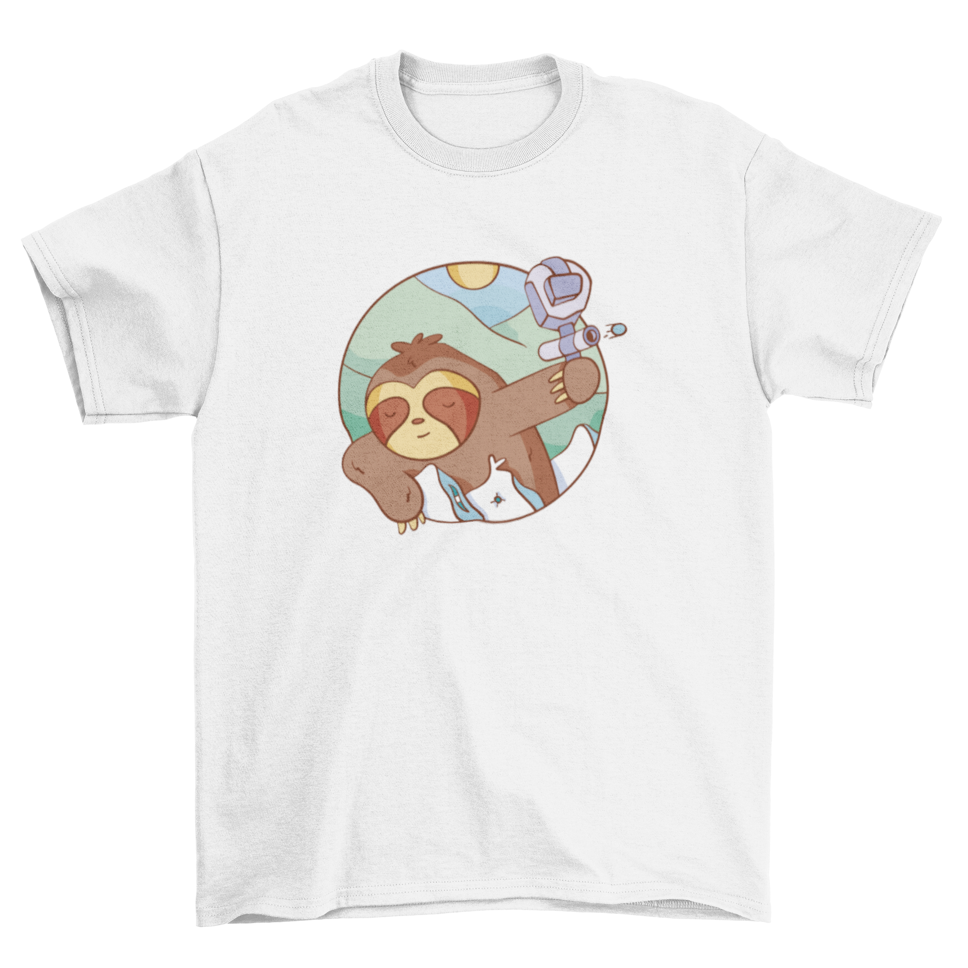 A playful t-shirt featuring a sleeping sloth holding a paintball gun, showcasing a fun and unique design.