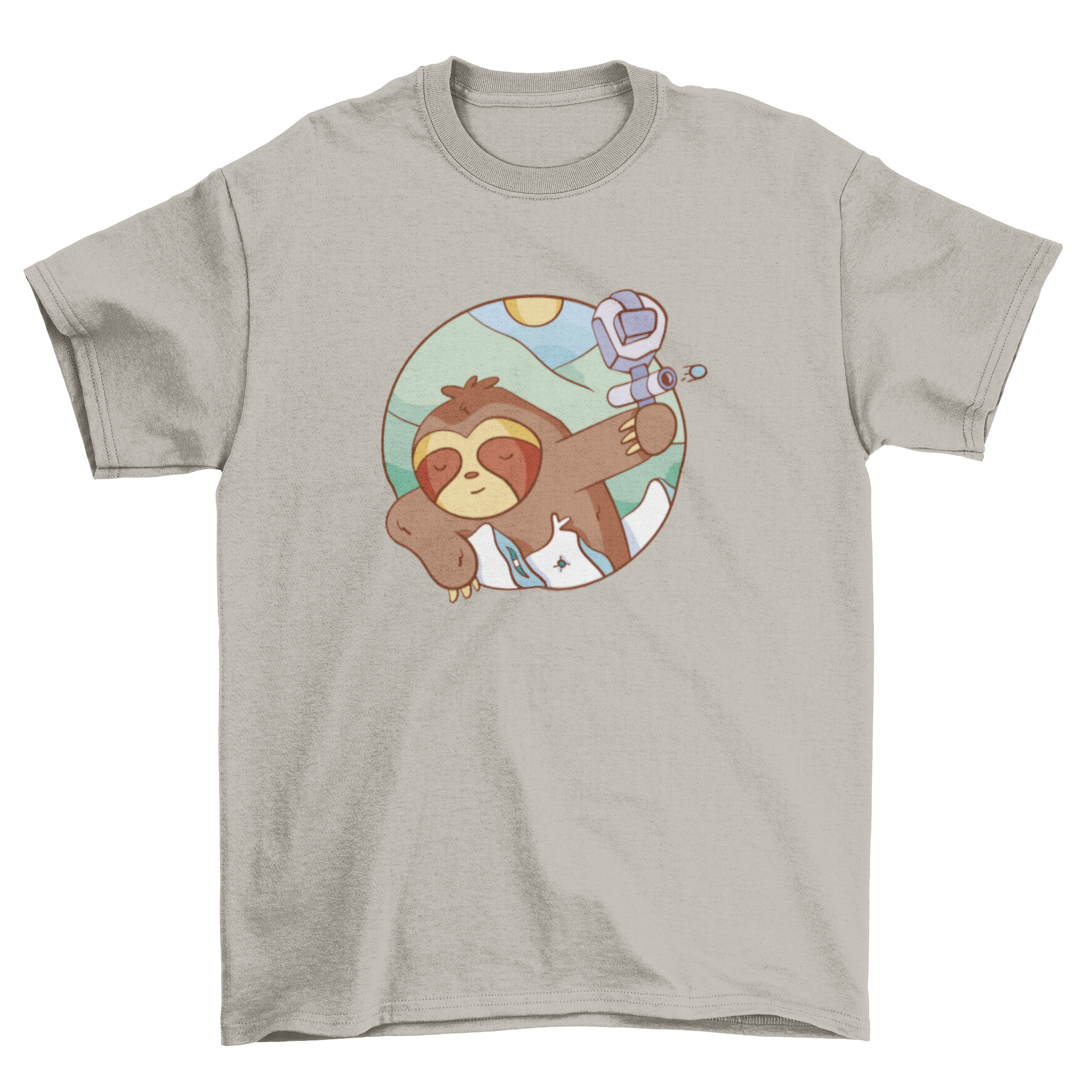 A playful t-shirt featuring a sleeping sloth holding a paintball gun, showcasing a fun and unique design.