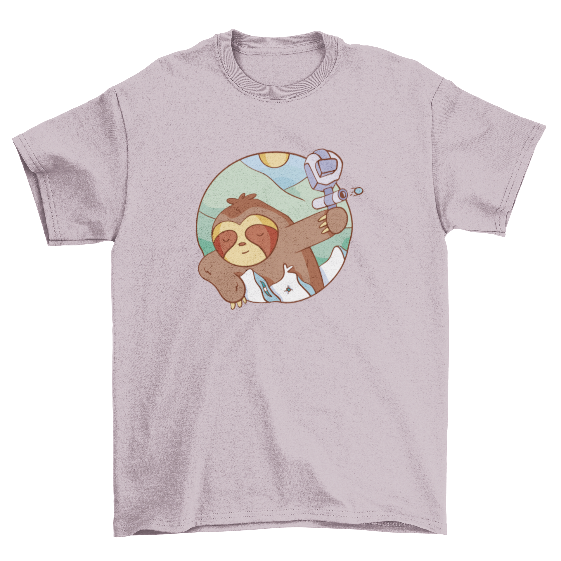 A playful t-shirt featuring a sleeping sloth holding a paintball gun, showcasing a fun and unique design.