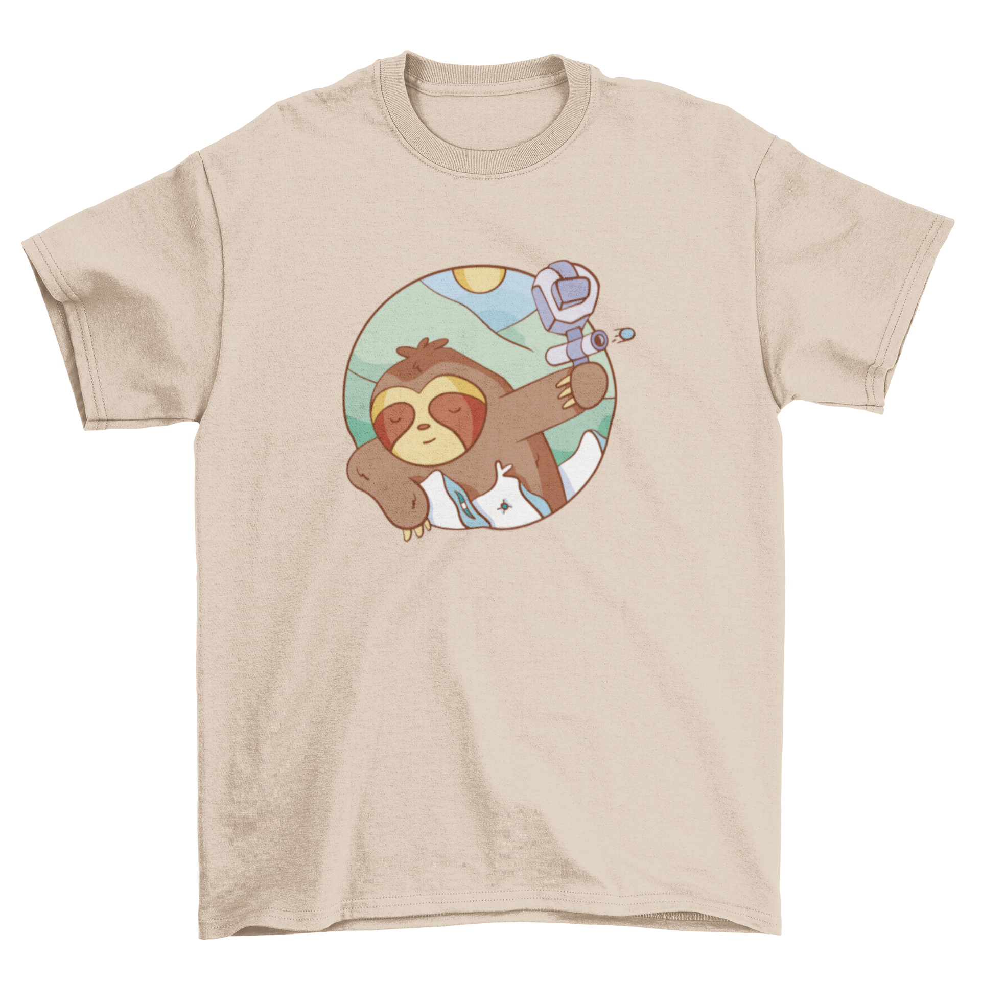 A playful t-shirt featuring a sleeping sloth holding a paintball gun, showcasing a fun and unique design.