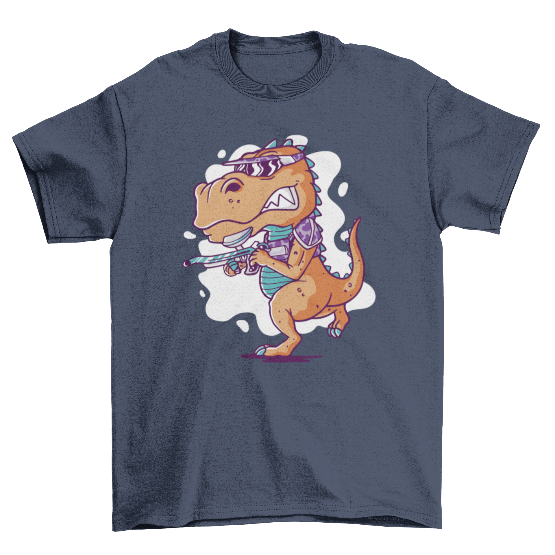 A colorful cartoon t-shirt featuring a T-Rex playing paintball, showcasing a fun and playful design.