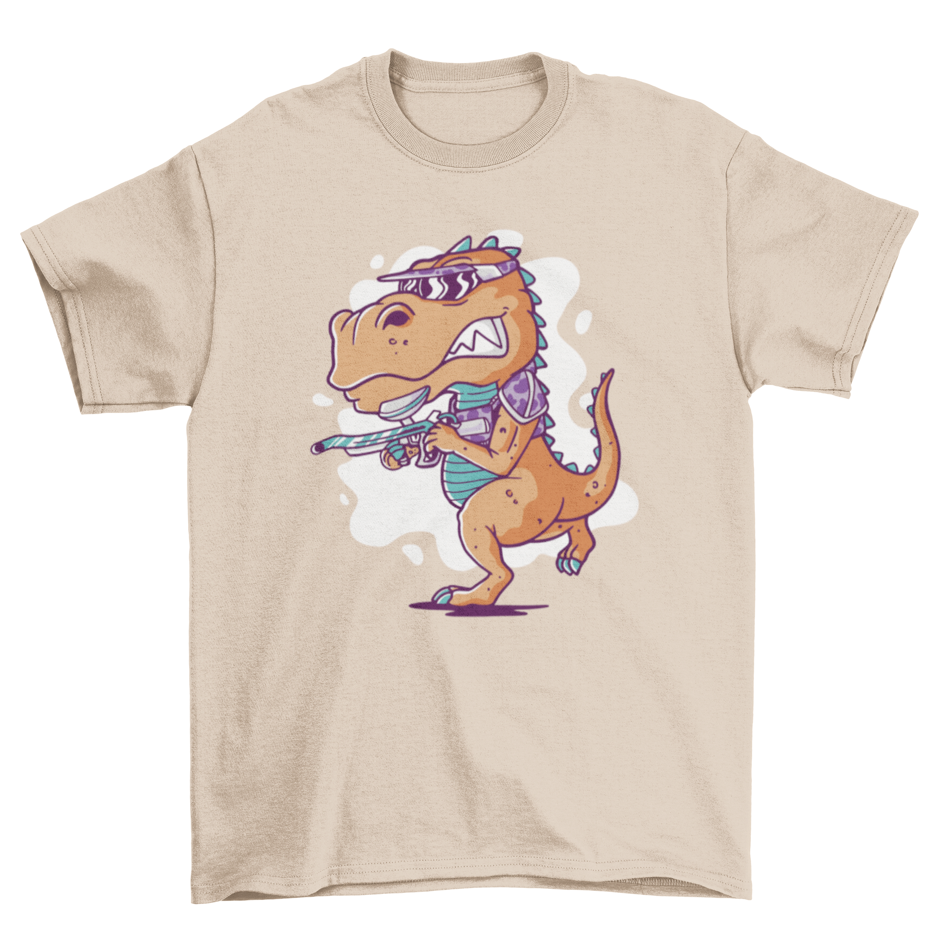 A colorful cartoon t-shirt featuring a T-Rex playing paintball, showcasing a fun and playful design.