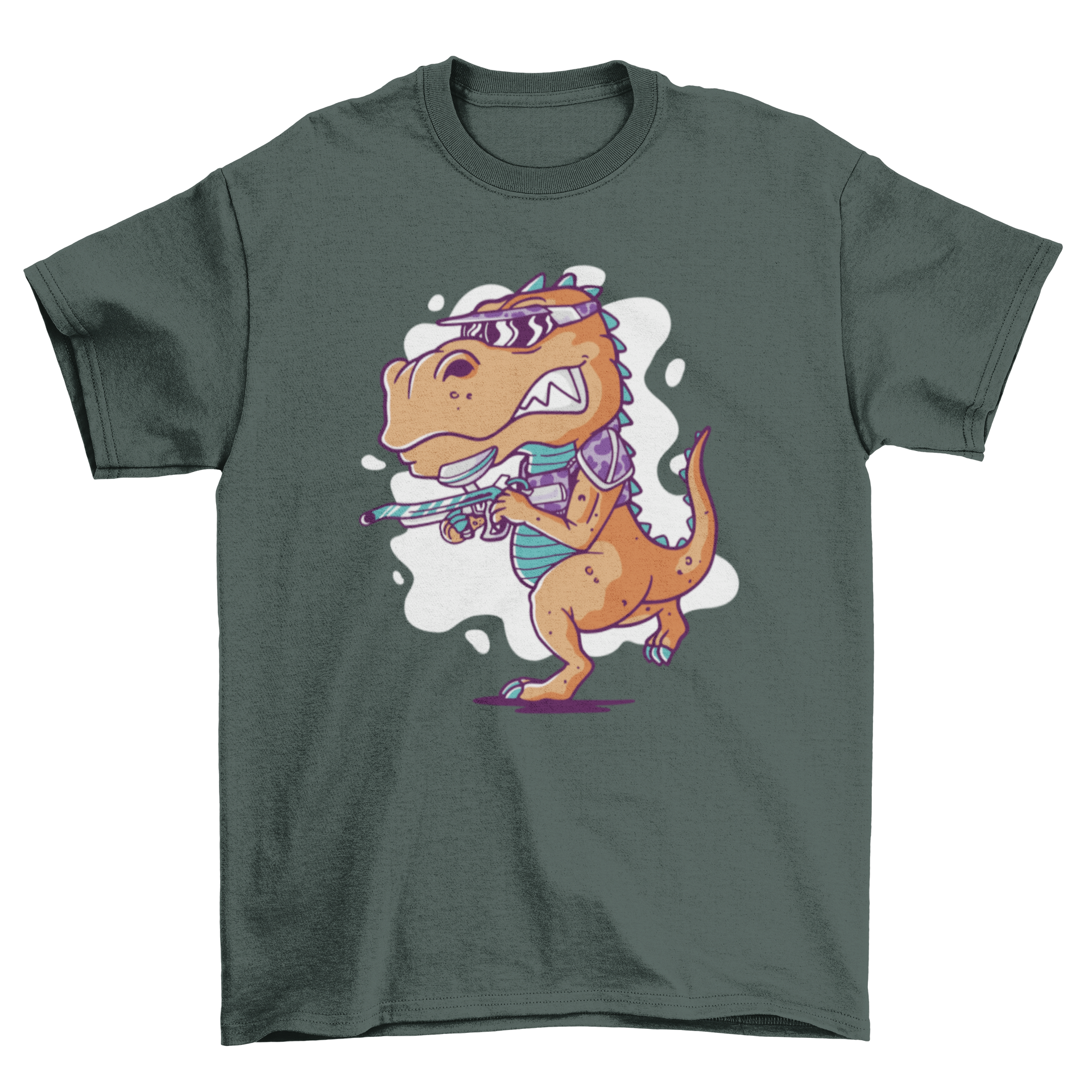 A colorful cartoon t-shirt featuring a T-Rex playing paintball, showcasing a fun and playful design.