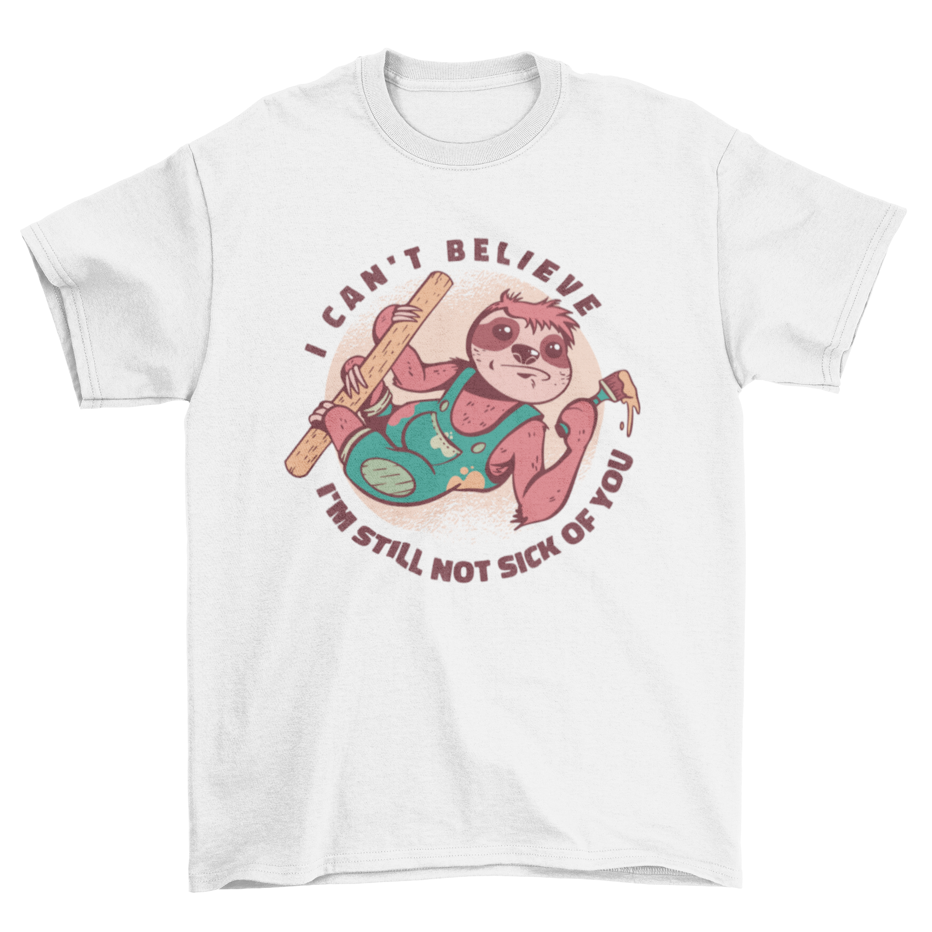 A playful t-shirt featuring a sloth dressed as a painter, holding a paintbrush and palette, with a humorous quote.