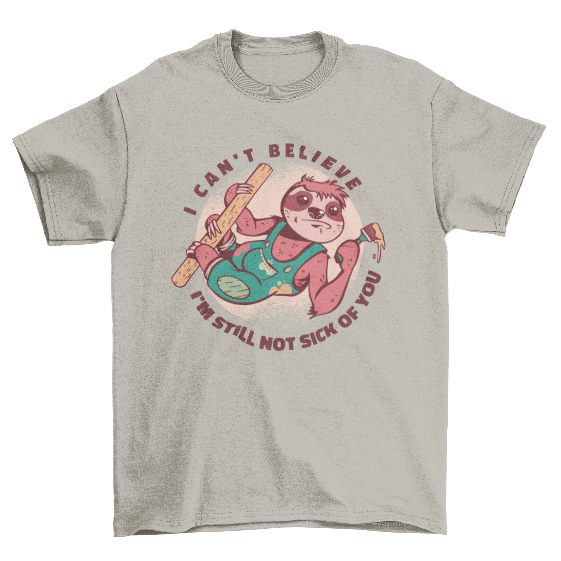 A playful t-shirt featuring a sloth dressed as a painter, holding a paintbrush and palette, with a humorous quote.