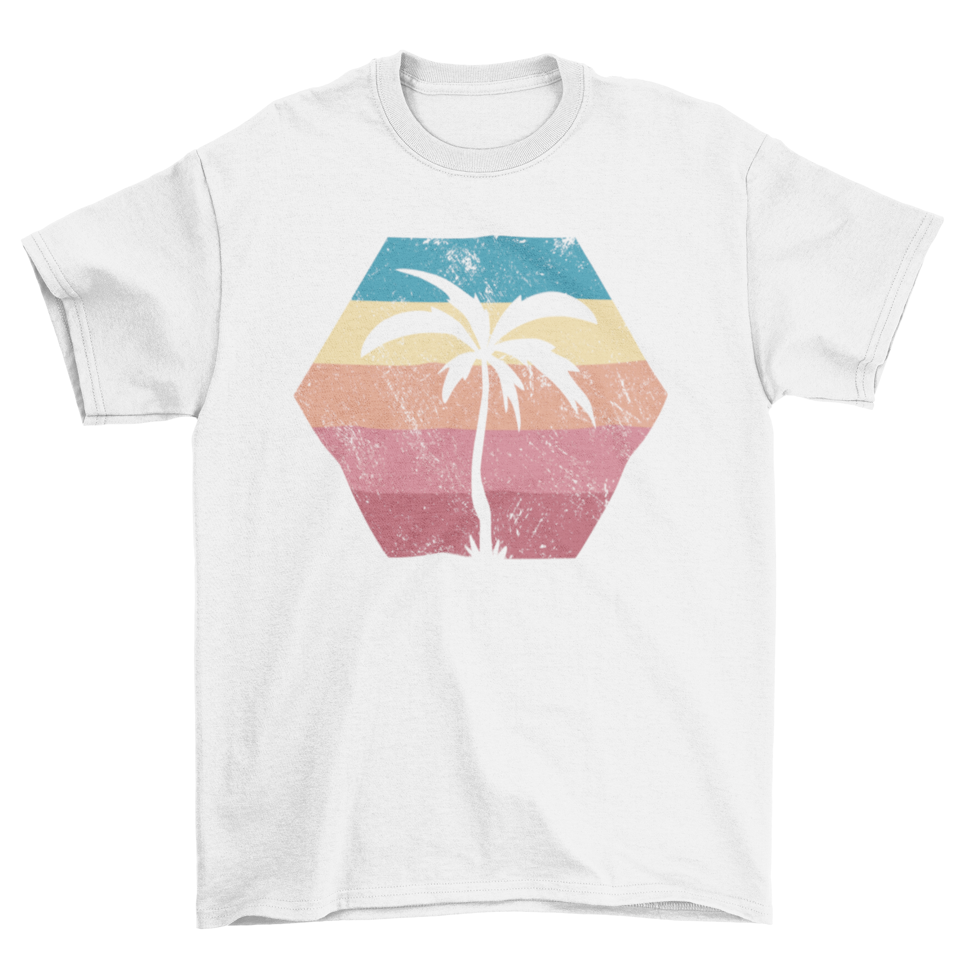 A stylish Palm Tree Retro Sunset T-Shirt featuring a vibrant sunset design with palm trees, perfect for summer wear.