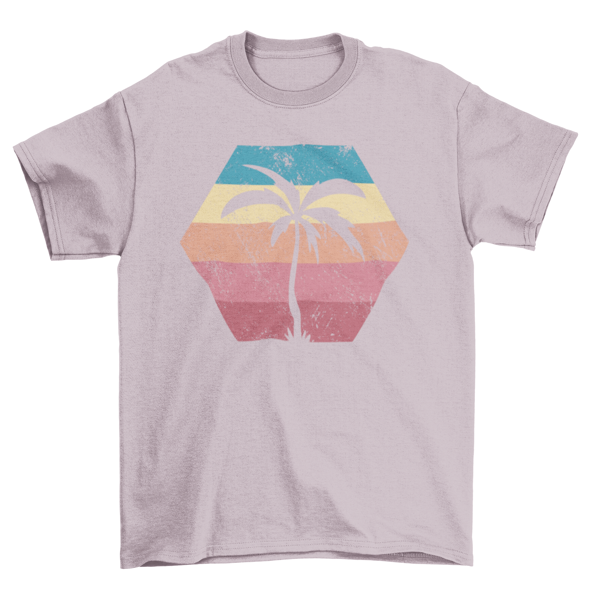 A stylish Palm Tree Retro Sunset T-Shirt featuring a vibrant sunset design with palm trees, perfect for summer wear.