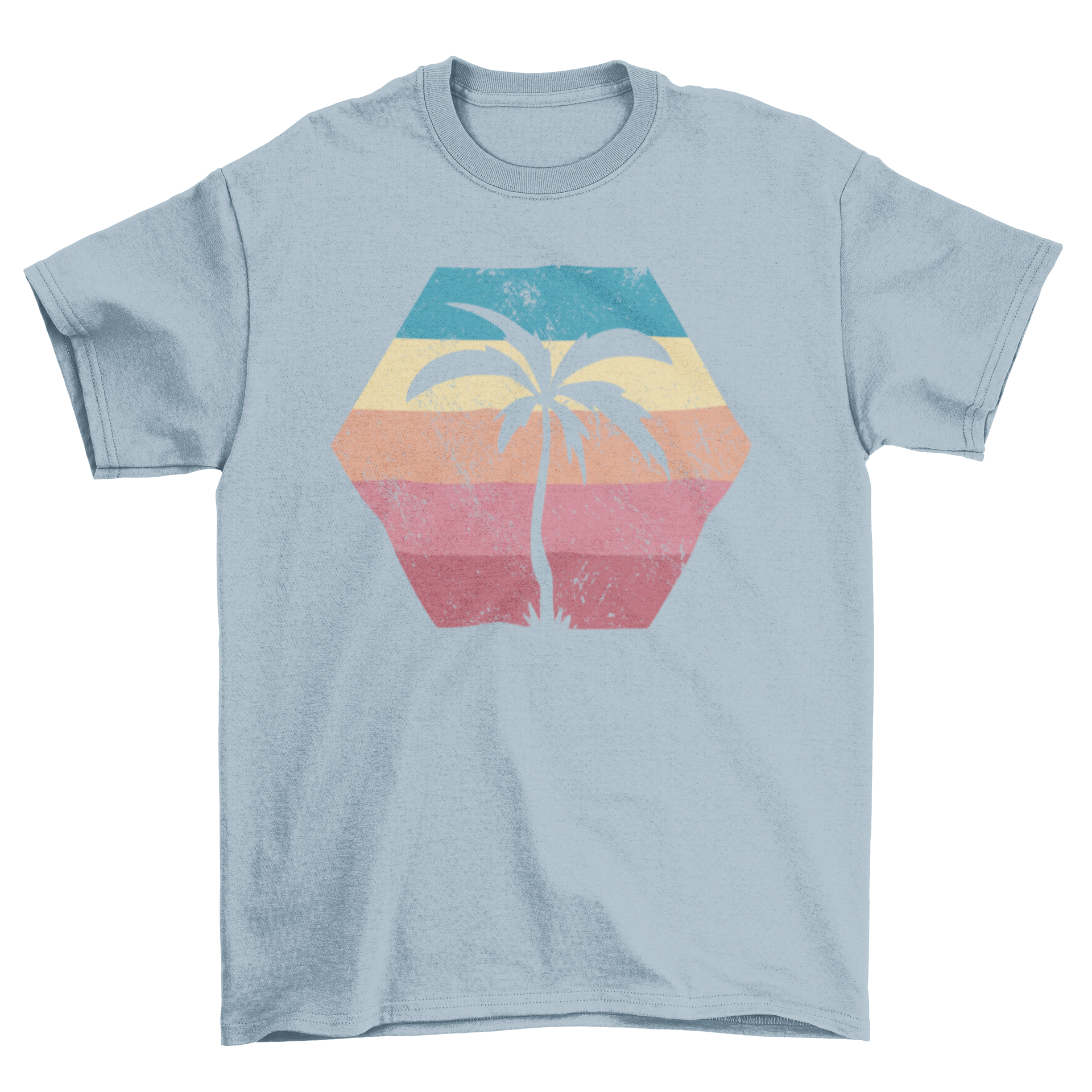 A stylish Palm Tree Retro Sunset T-Shirt featuring a vibrant sunset design with palm trees, perfect for summer wear.