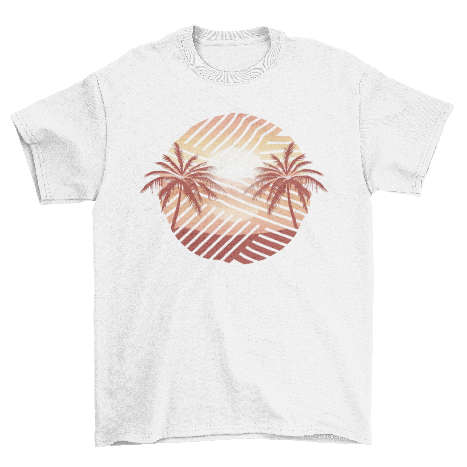 A vibrant t-shirt featuring a sunset landscape with palm trees and stripes, perfect for tropical vibes.