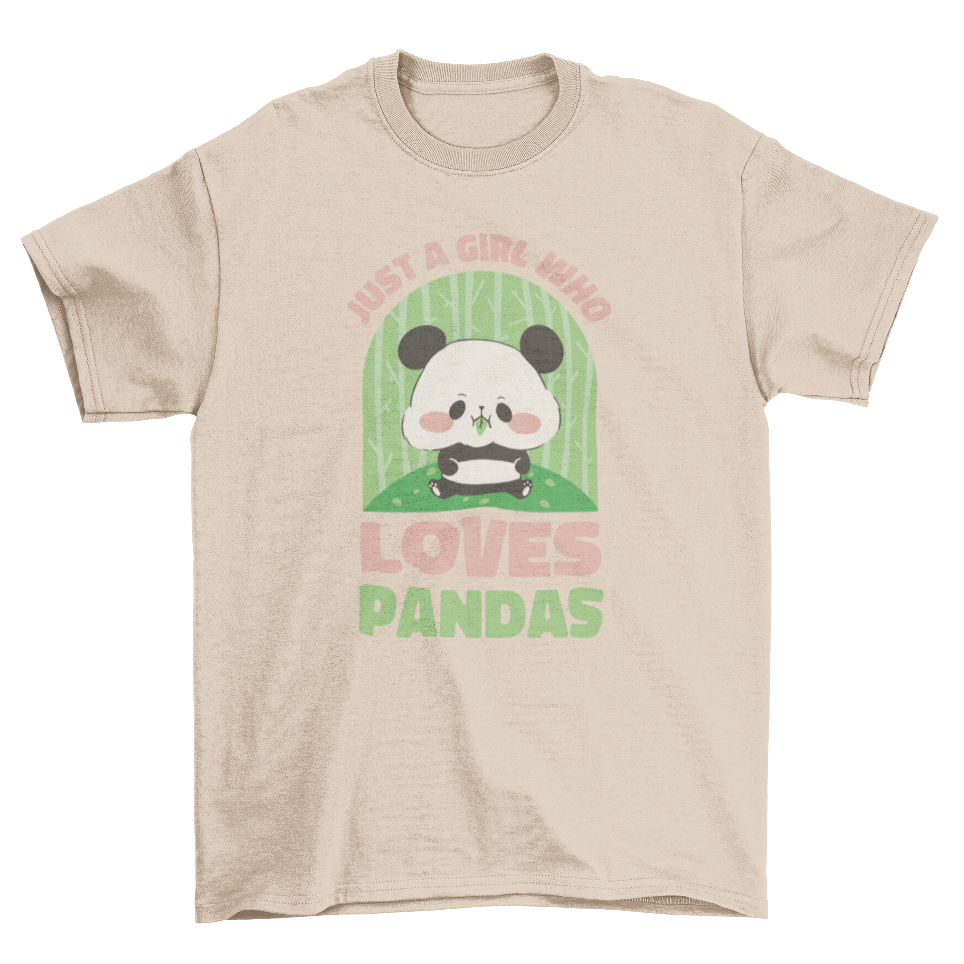 A cute t-shirt featuring a panda bear eating bamboo with the quote 'Just a girl who loves pandas'.