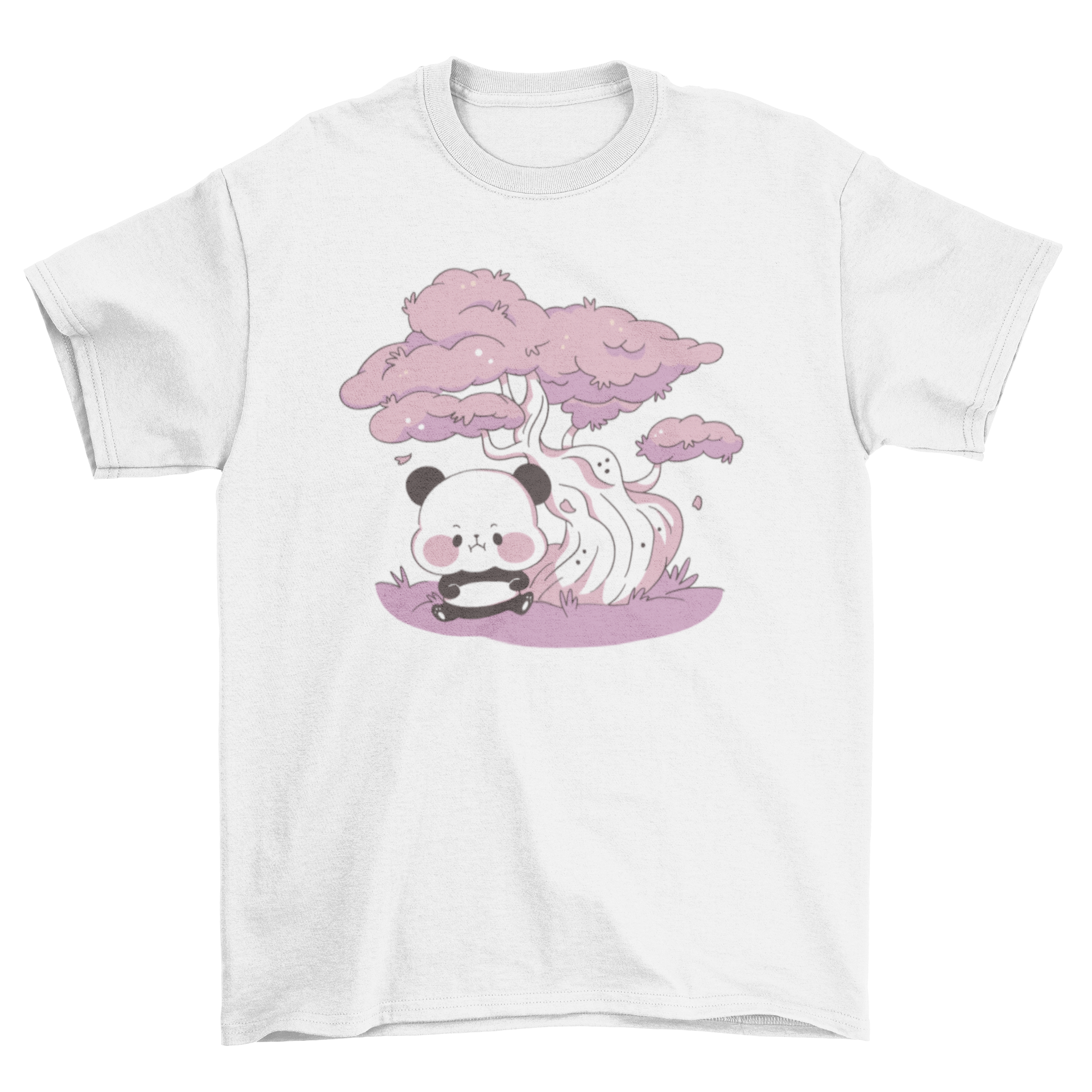 A cute t-shirt featuring a panda bear sitting under a blooming sakura tree, showcasing a vibrant and whimsical design.