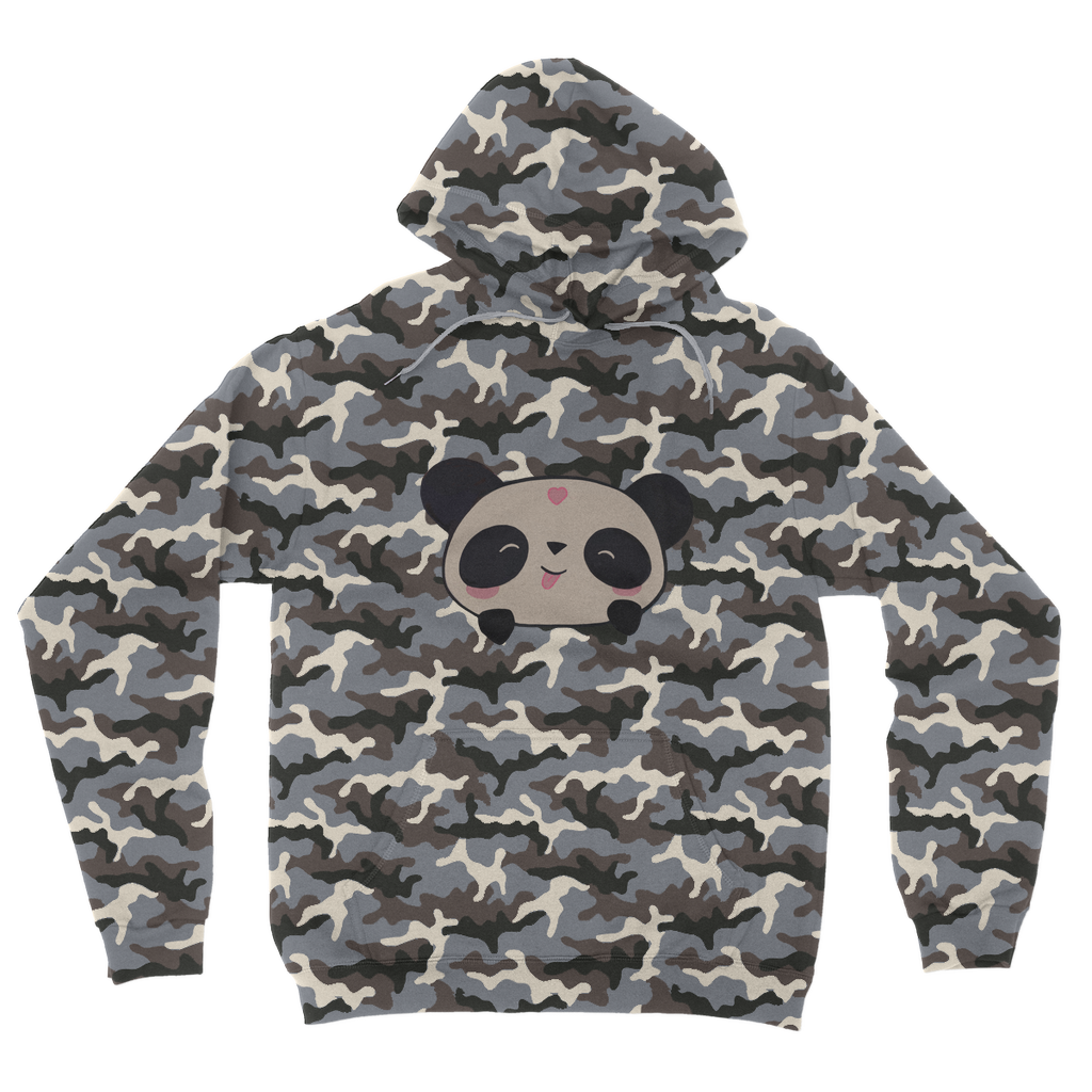 Panda Camouflage Adult Hoodie featuring an all-over camo design, double fabric hood, and kangaroo pouch pocket, perfect for casual wear.