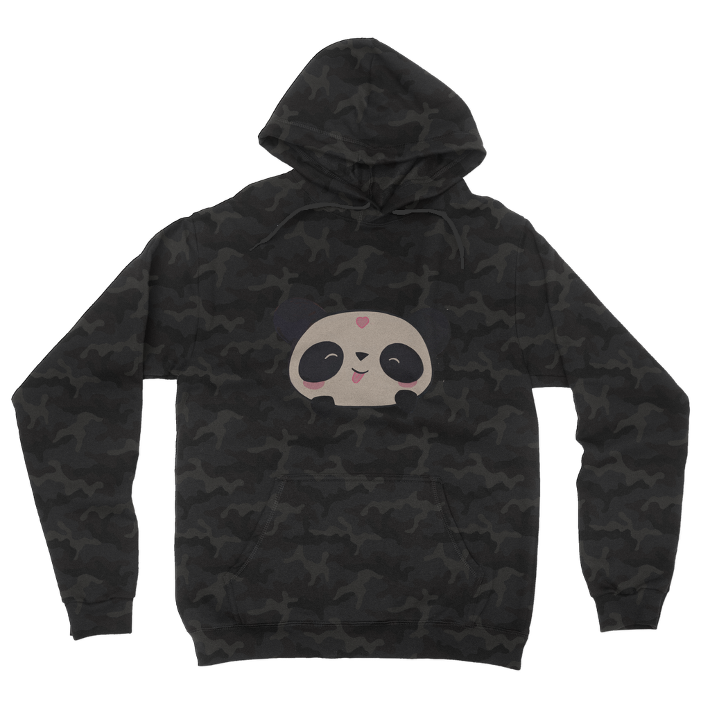 Panda Camouflage Adult Hoodie featuring an all-over camo design, double fabric hood, and kangaroo pouch pocket, perfect for casual wear.