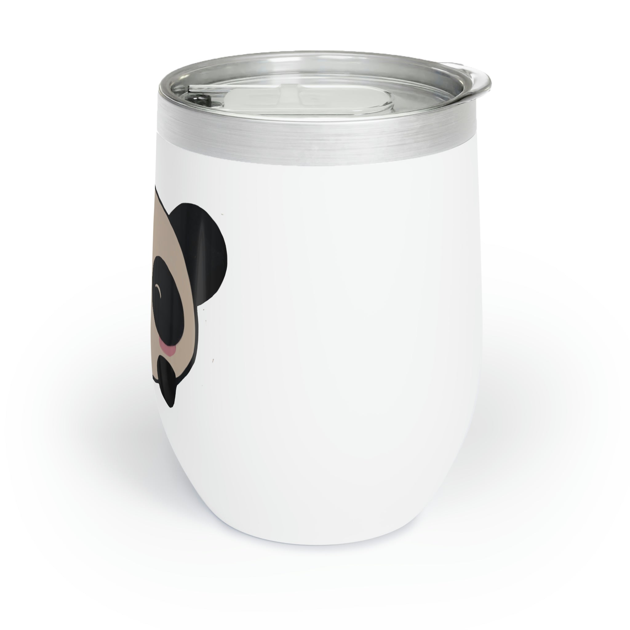 Panda Chill Wine Tumbler in stainless steel with a sleek stemless design, showcasing its double-insulated walls and customizable surface.