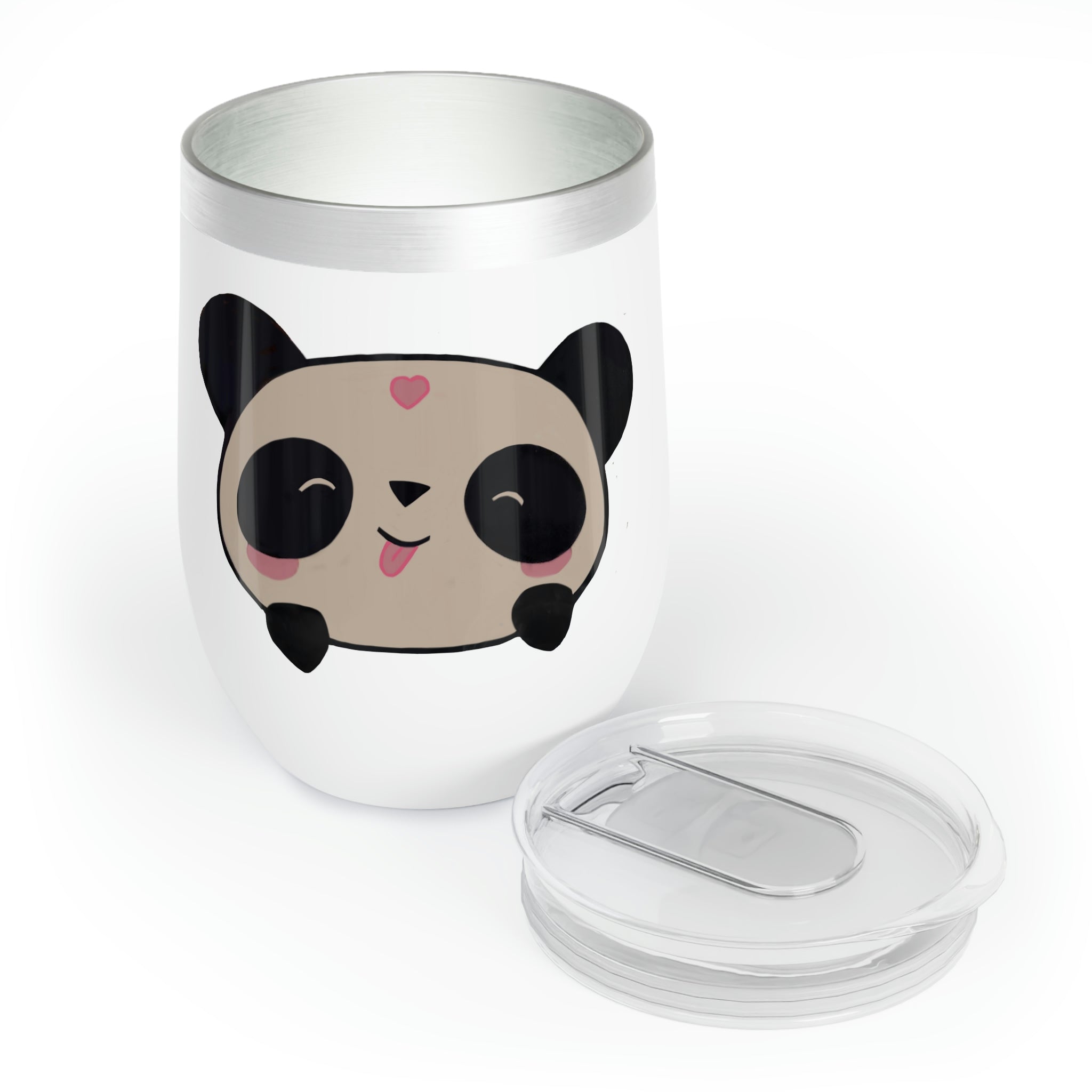 Panda Chill Wine Tumbler in stainless steel with a sleek stemless design, showcasing its double-insulated walls and customizable surface.