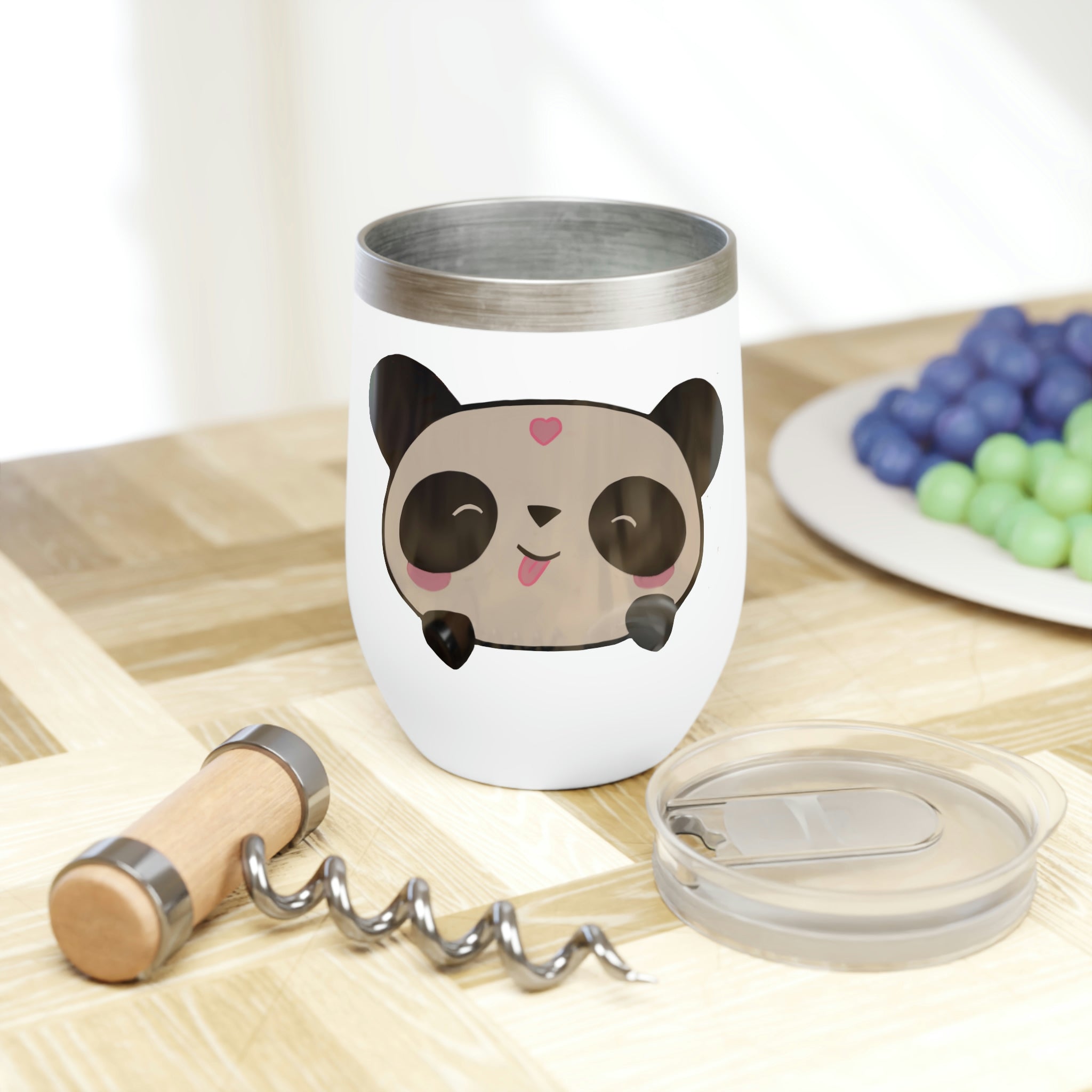 Panda Chill Wine Tumbler in stainless steel with a sleek stemless design, showcasing its double-insulated walls and customizable surface.