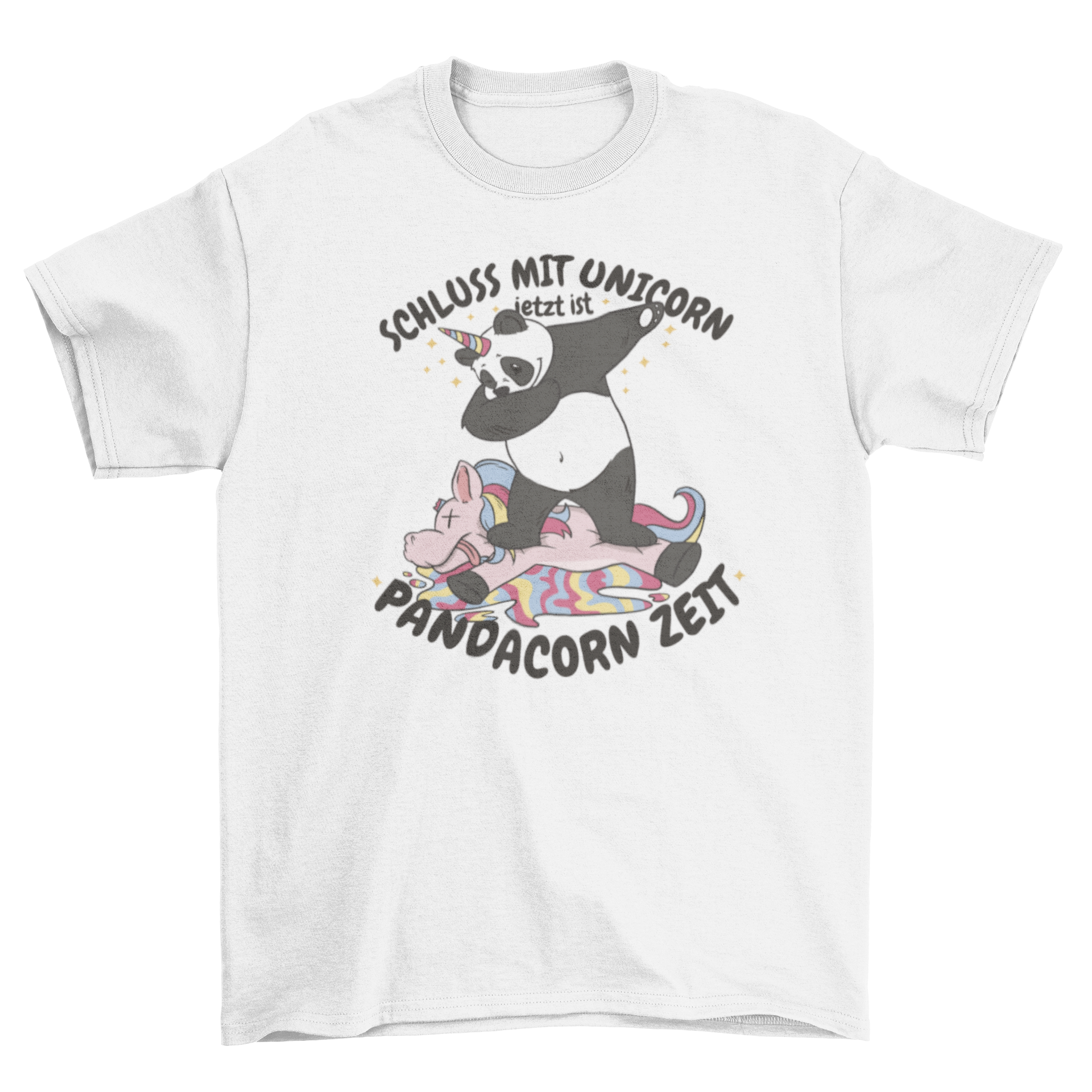 A playful panda dabbing with a unicorn horn, featuring a humorous quote about pandacorns.