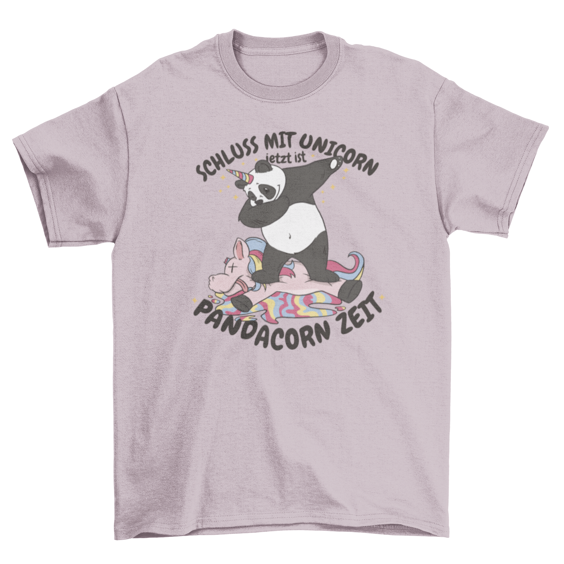 A playful panda dabbing with a unicorn horn, featuring a humorous quote about pandacorns.