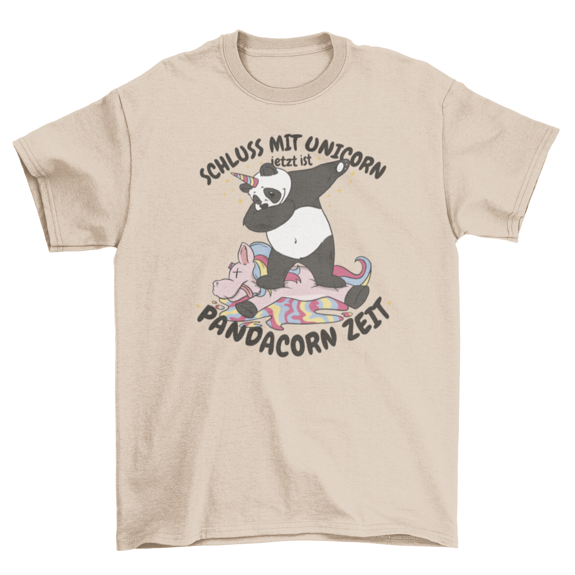 A playful panda dabbing with a unicorn horn, featuring a humorous quote about pandacorns.