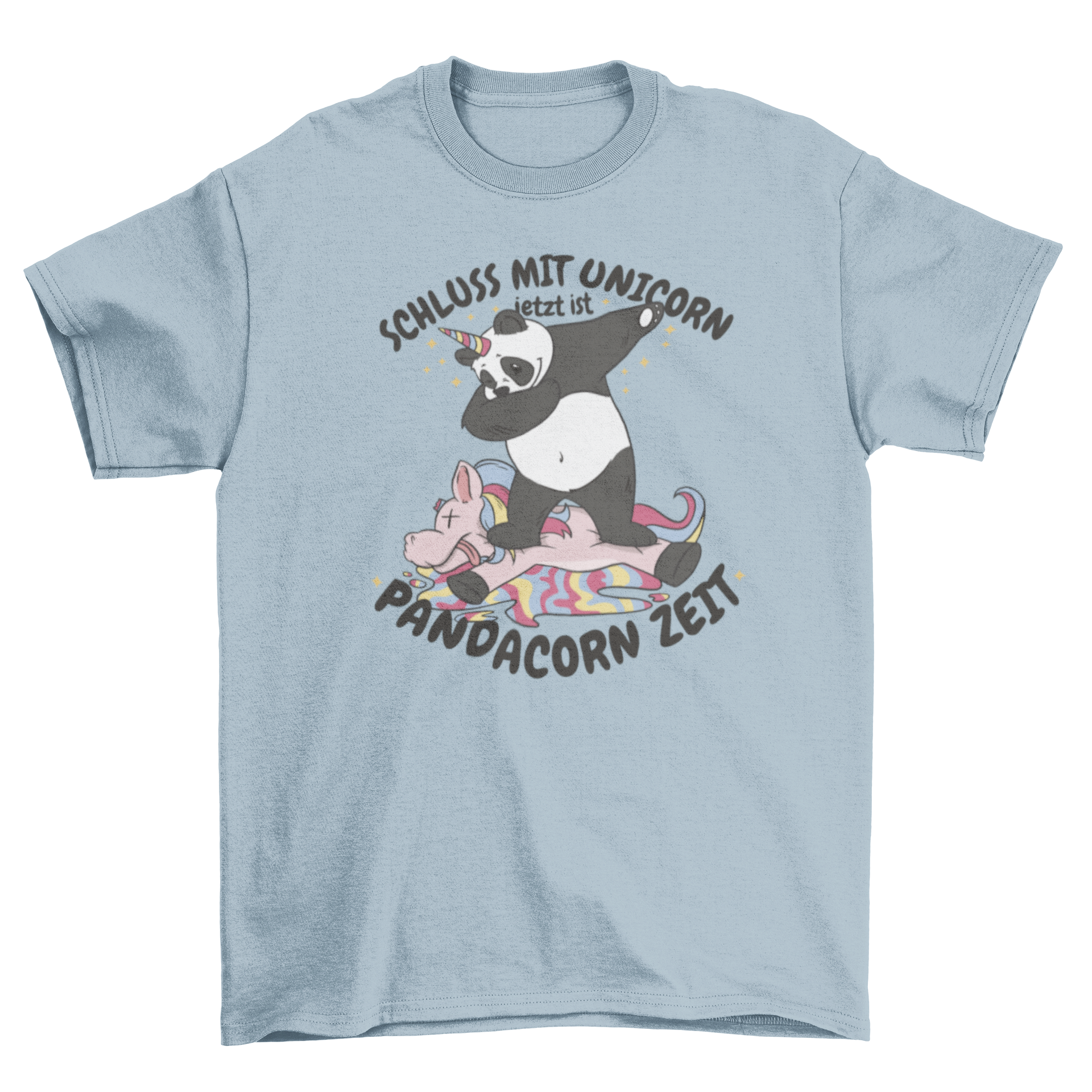 A playful panda dabbing with a unicorn horn, featuring a humorous quote about pandacorns.