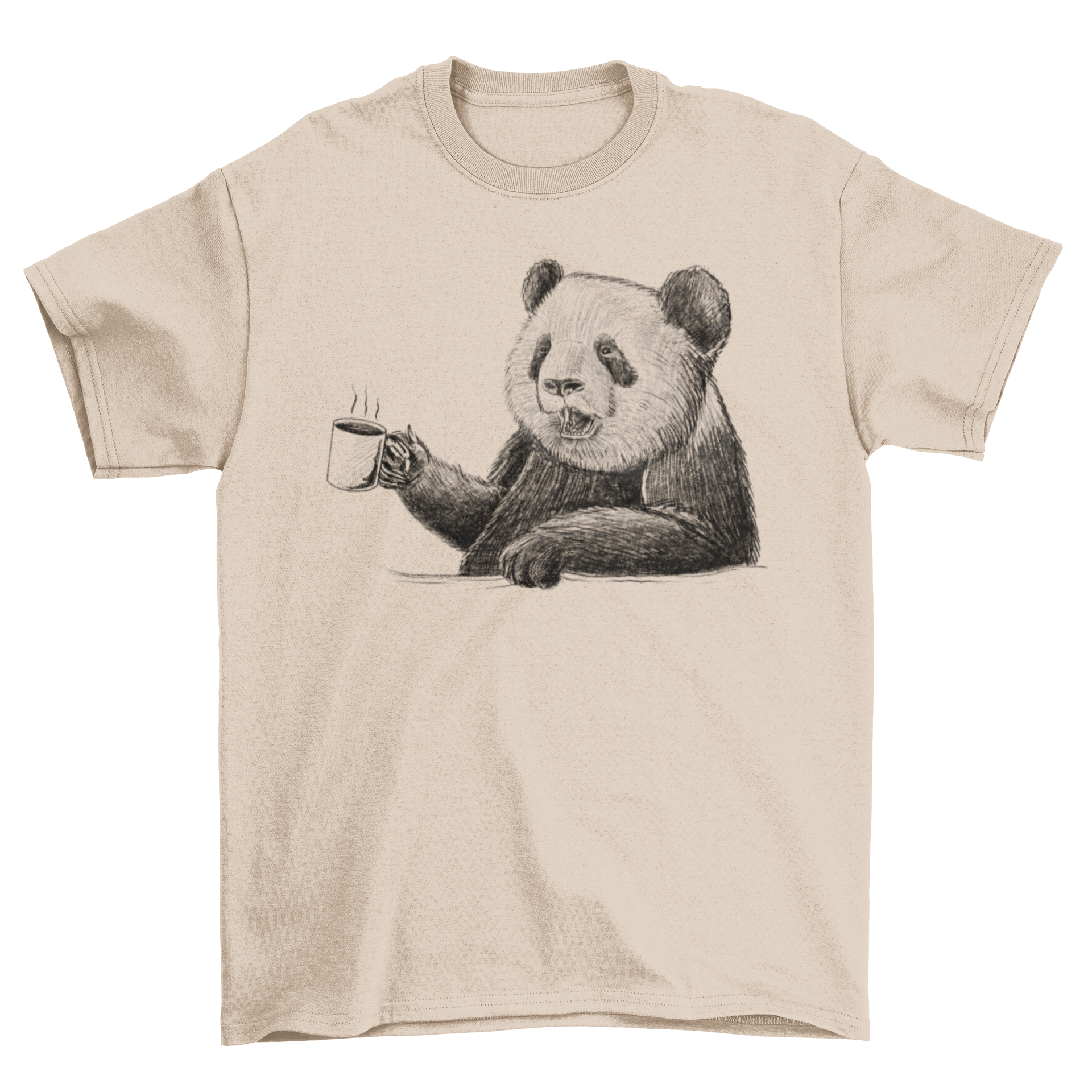 A hand-drawn t-shirt design featuring a cute panda drinking coffee, showcasing its playful expression.