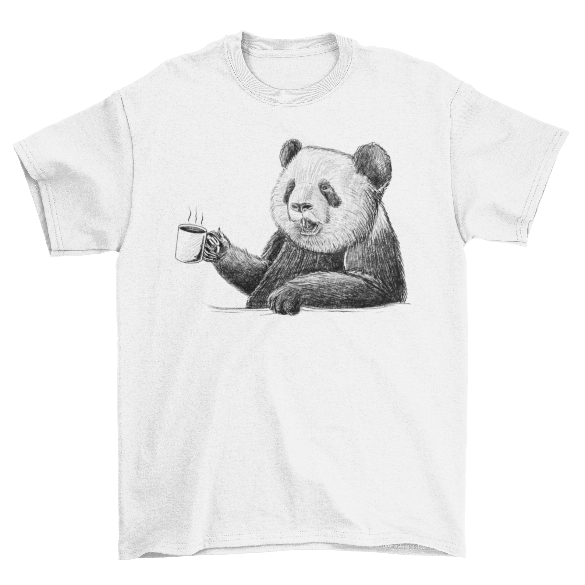 A hand-drawn t-shirt design featuring a cute panda drinking coffee, showcasing its playful expression.