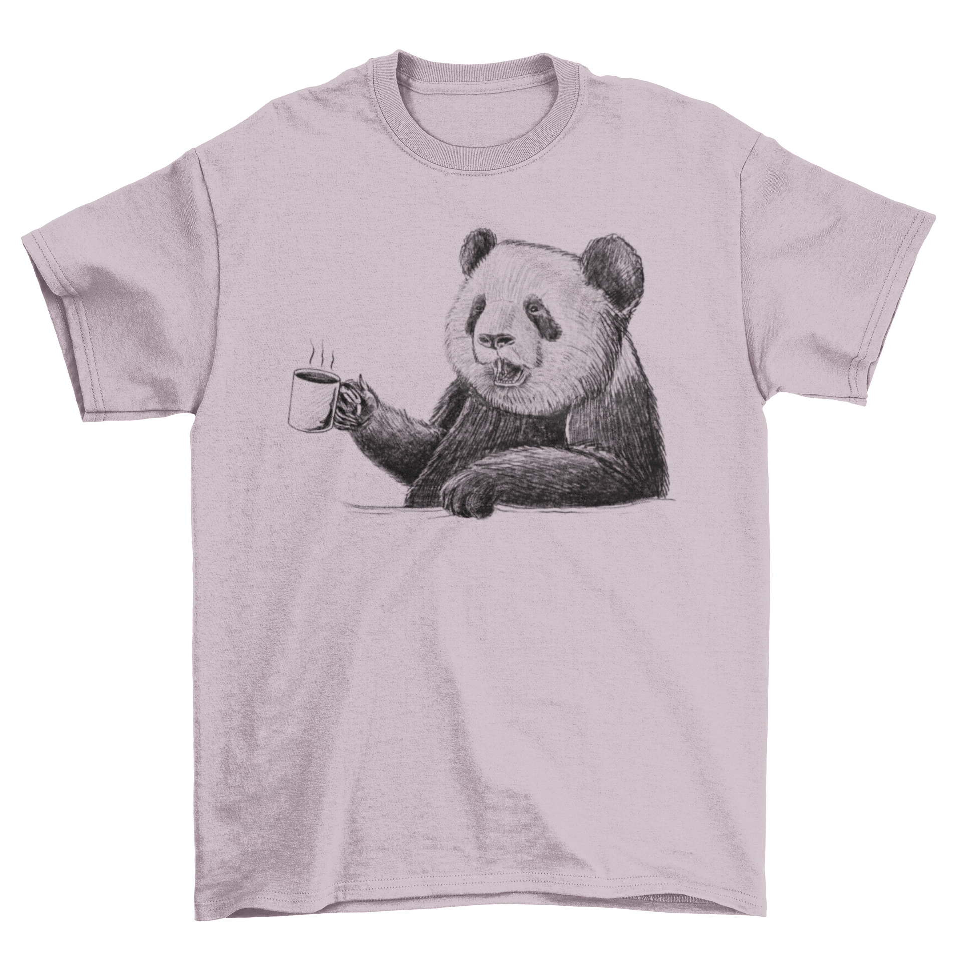 A hand-drawn t-shirt design featuring a cute panda drinking coffee, showcasing its playful expression.