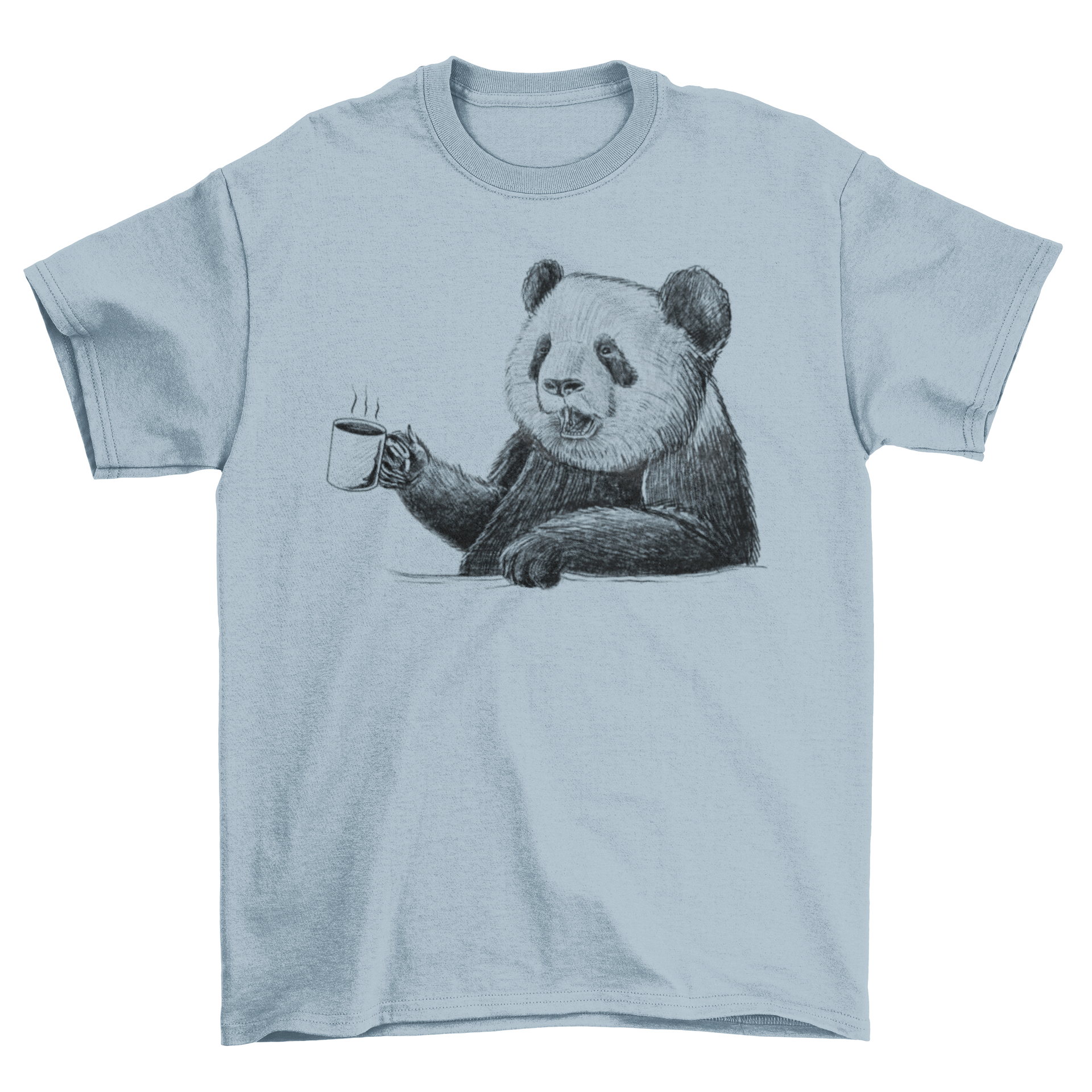 A hand-drawn t-shirt design featuring a cute panda drinking coffee, showcasing its playful expression.