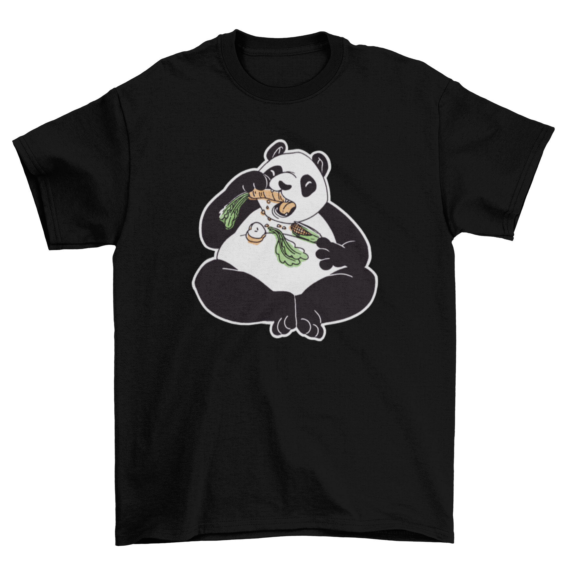 A playful t-shirt featuring a panda eating colorful fruits and vegetables, showcasing a fun and whimsical design.