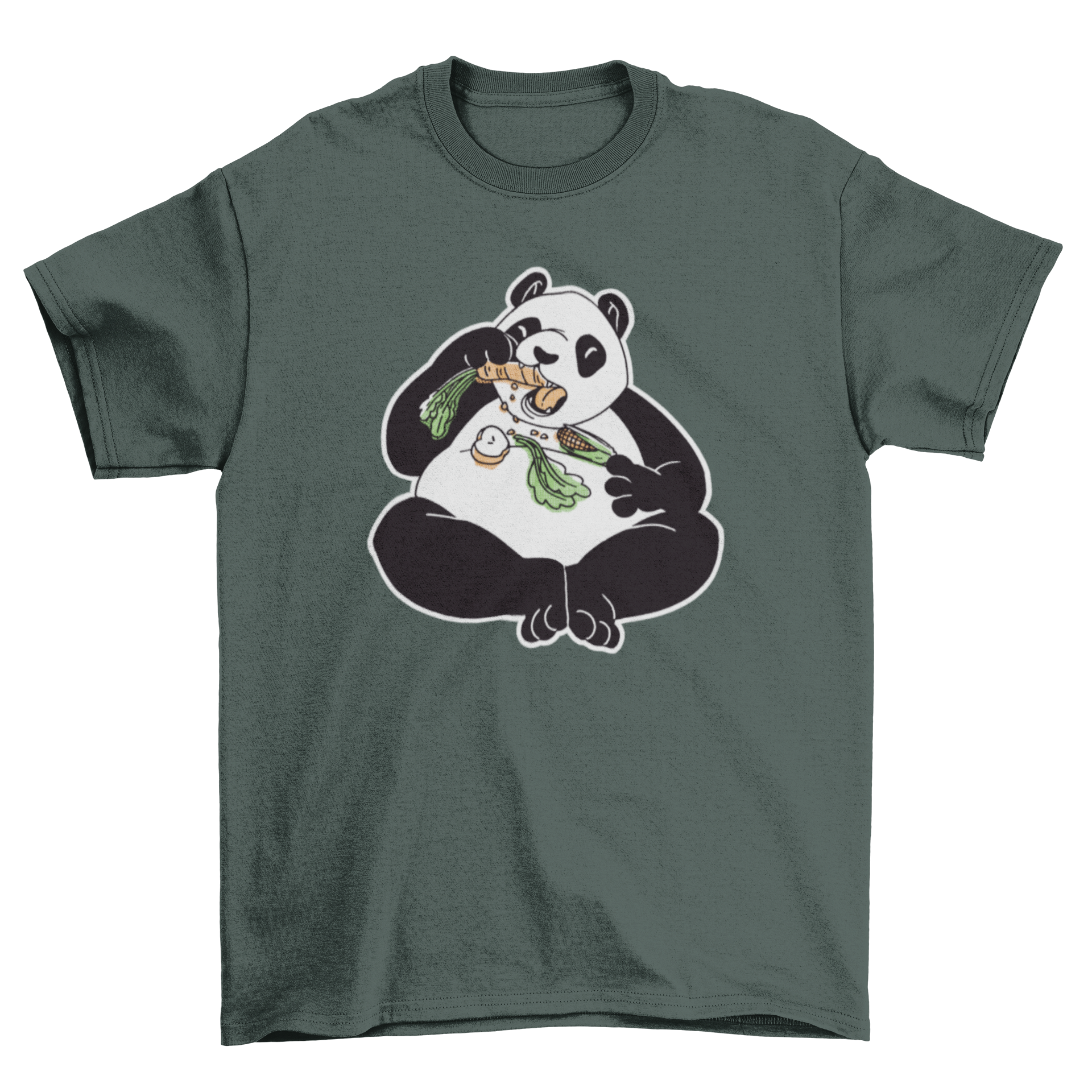 A playful t-shirt featuring a panda eating colorful fruits and vegetables, showcasing a fun and whimsical design.