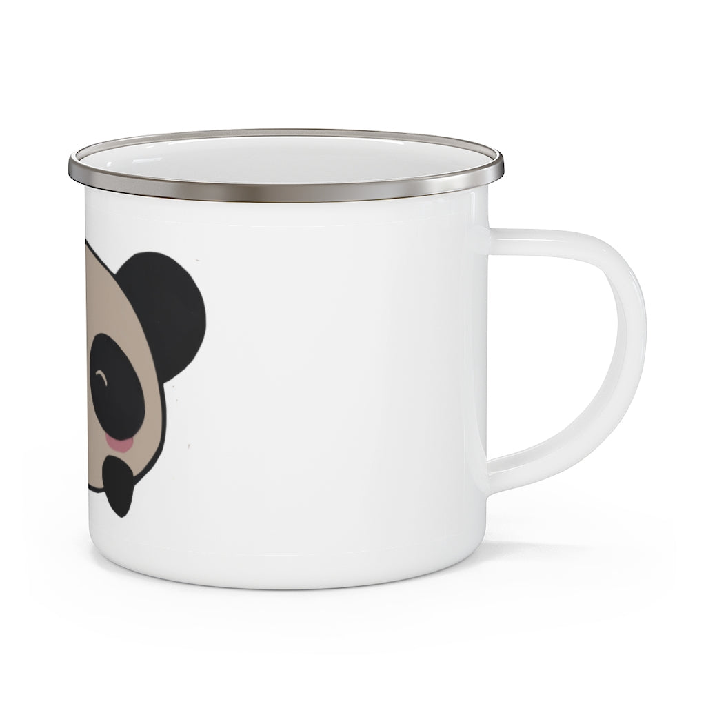 A stylish Panda Enamel Camping Mug featuring a vibrant panda design, perfect for outdoor adventures and personalized printing.