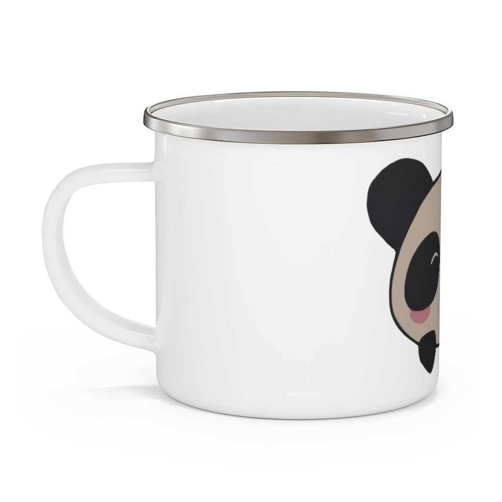 A stylish Panda Enamel Camping Mug featuring a vibrant panda design, perfect for outdoor adventures and personalized printing.