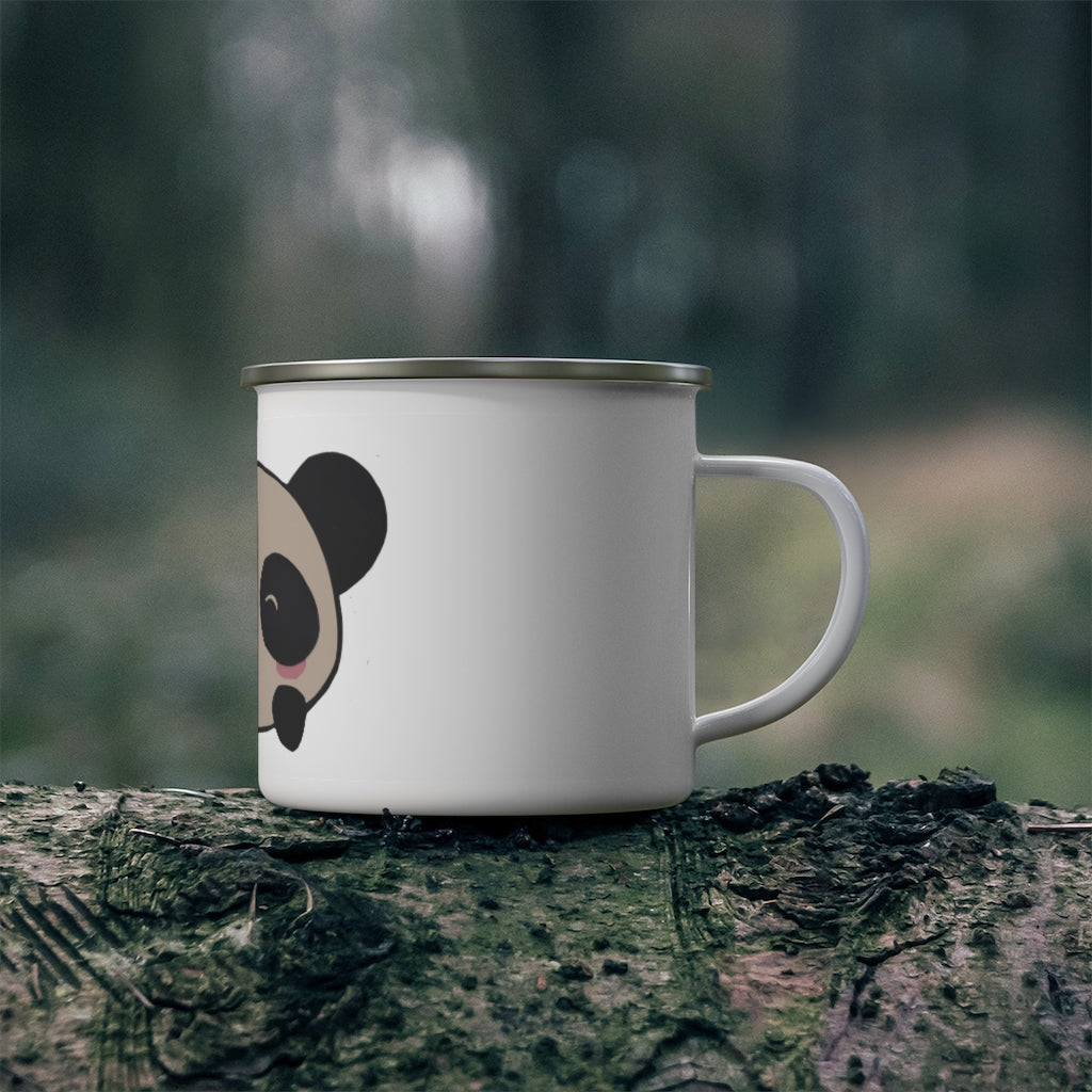 A stylish Panda Enamel Camping Mug featuring a vibrant panda design, perfect for outdoor adventures and personalized printing.