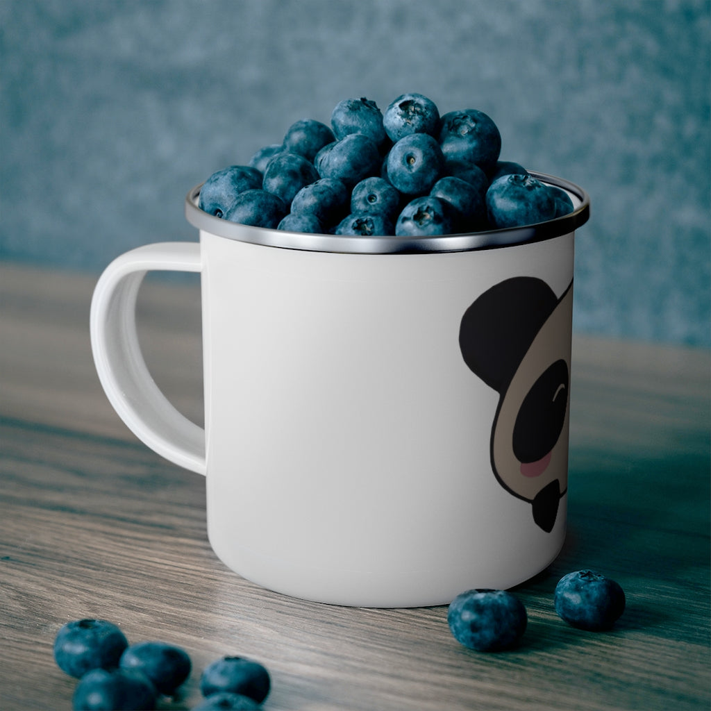 A stylish Panda Enamel Camping Mug featuring a vibrant panda design, perfect for outdoor adventures and personalized printing.