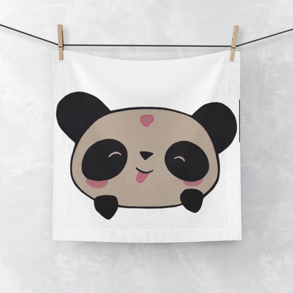 A cute panda face towel featuring a vibrant panda design on the front and soft cotton backing, perfect for drying and customization.