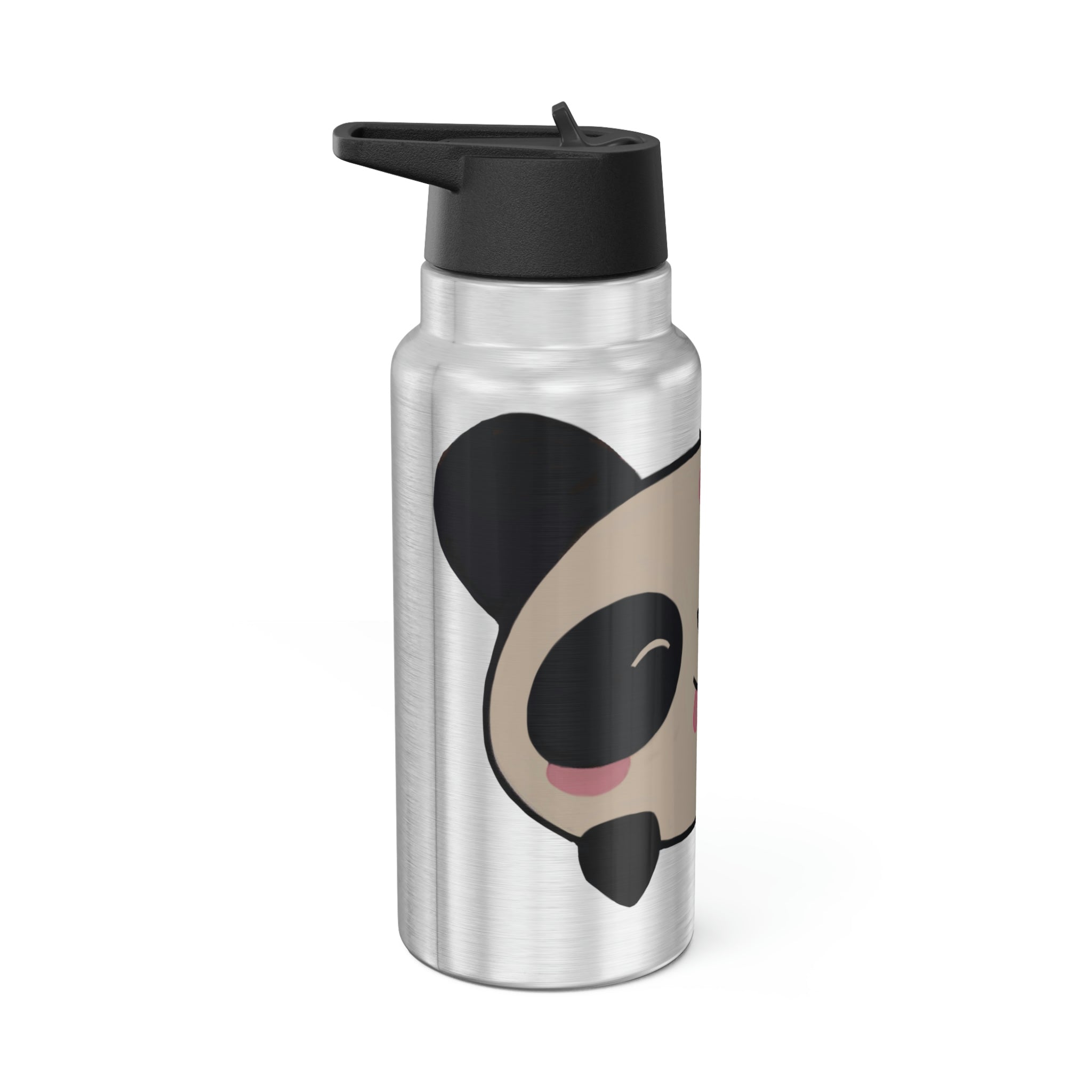 Panda Gator Tumbler in stainless steel with a black screw-on cap and plastic straw, showcasing a customizable design.