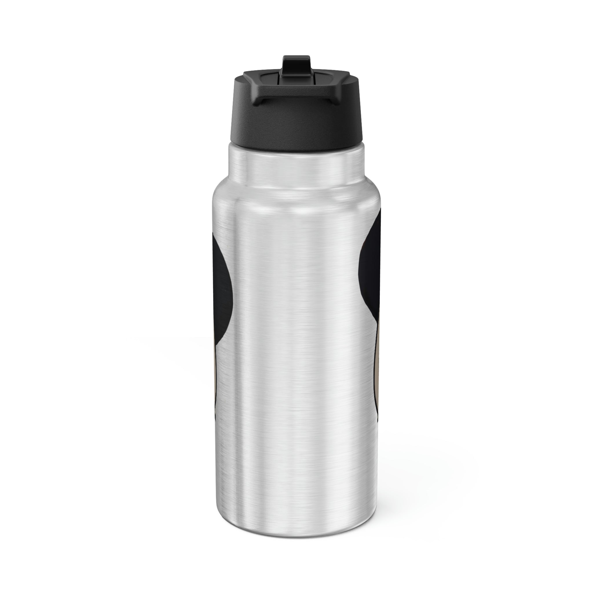 Panda Gator Tumbler in stainless steel with a black screw-on cap and plastic straw, showcasing a customizable design.